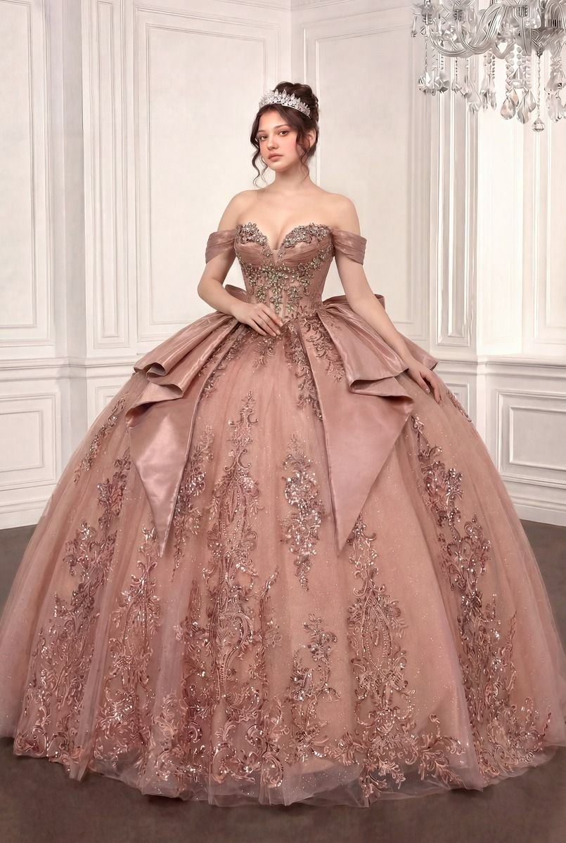 Off-the-Shoulder Floor-Length Satin Occasion Ball Gown LaDivine 15745