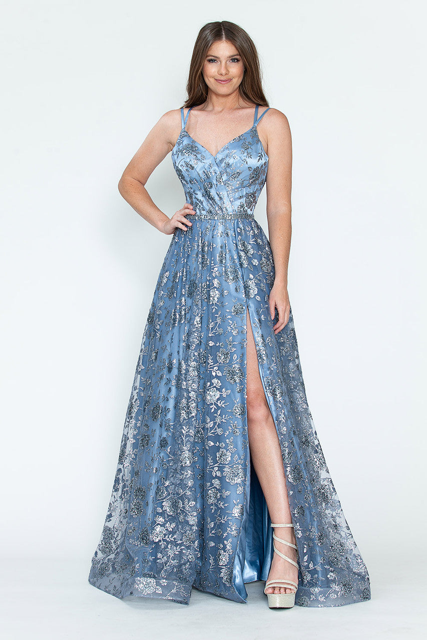 Prom Dresses Glitter Corset Long Formal Floral Prom Dress Lenovia 8235 Denim Blue