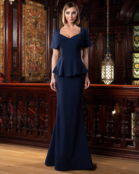 Alexander by Daymor 1578 Long Evening Formal Peplum Dress - Size 16 - Stone Color - Elegant Mermaid Silhouette Alexander by Daymor 1578 Long Evening Formal Peplum Dress - Size 16 - Stone Color - Elegant Mermaid Silhouette