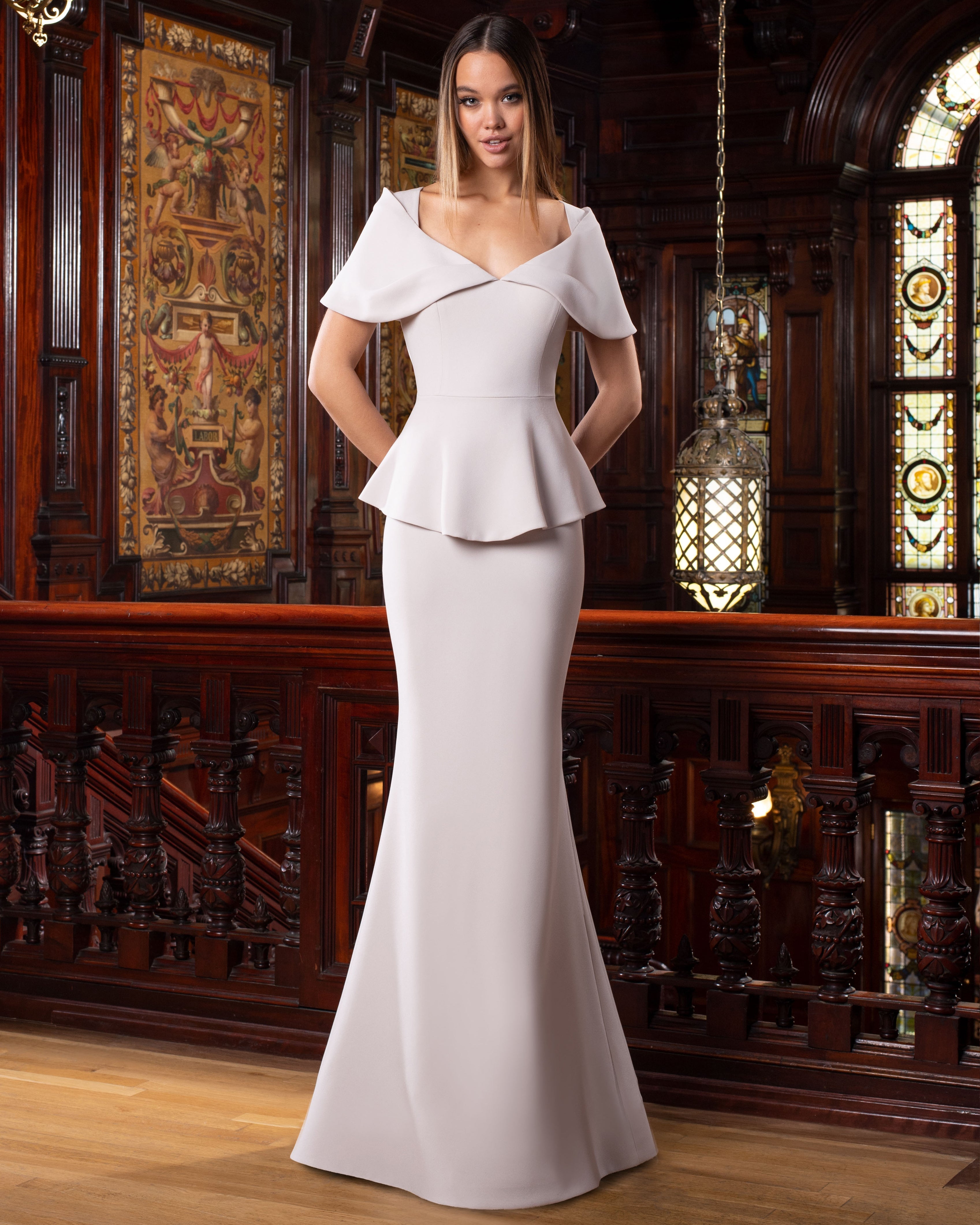 Formal Dresses Long Evening Formal Peplum Dress  Stone