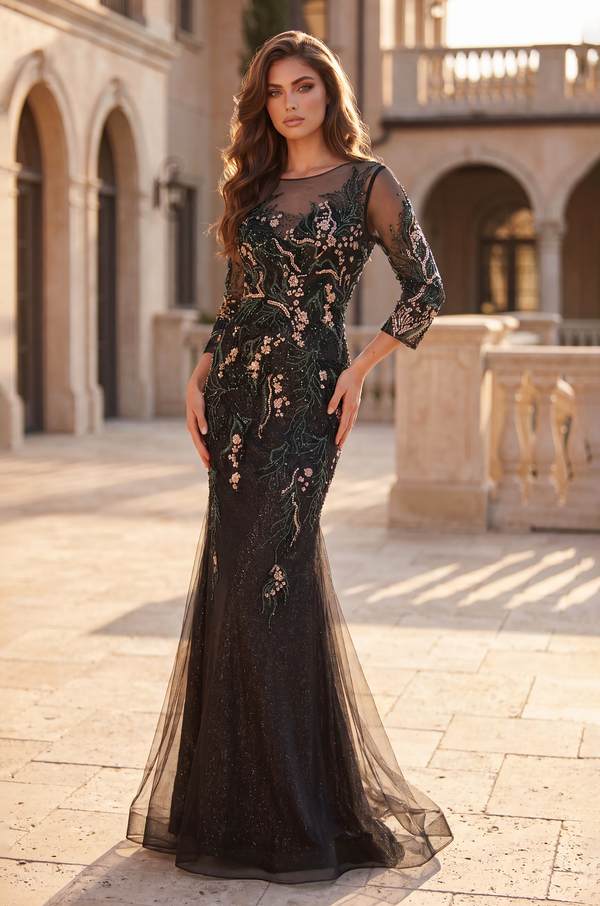 Floral Beaded Bodice Long Formal Evening Dress