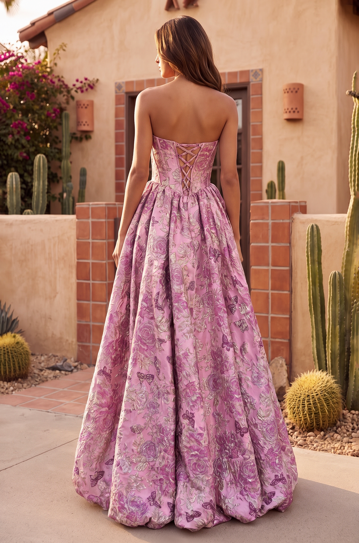 High Low Prom Dress Floral Jacquard Corset Ball Gown
