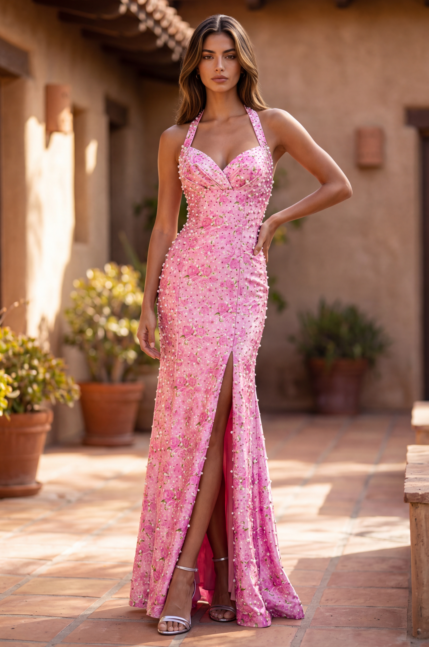 Halter Floral Fitted Evening Gown with Pearl Accent Open Back and Side Slit