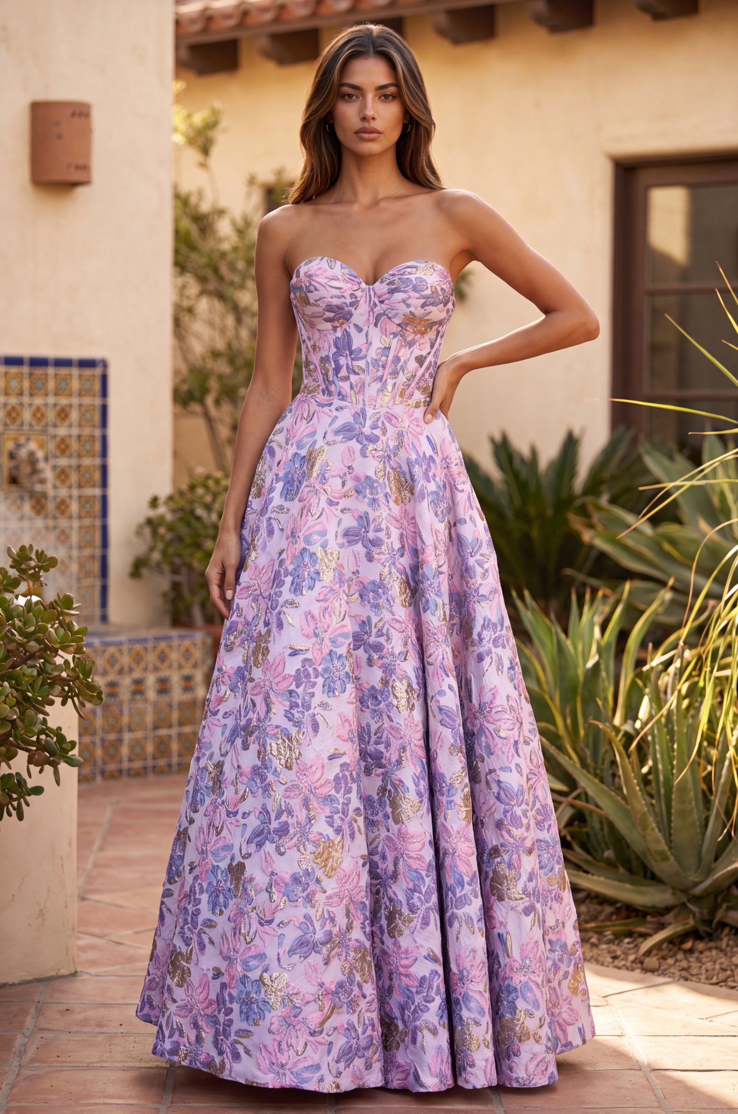 Prom Dresses Long Strapless Corset Floral Jacquard Ball Gown Lilac