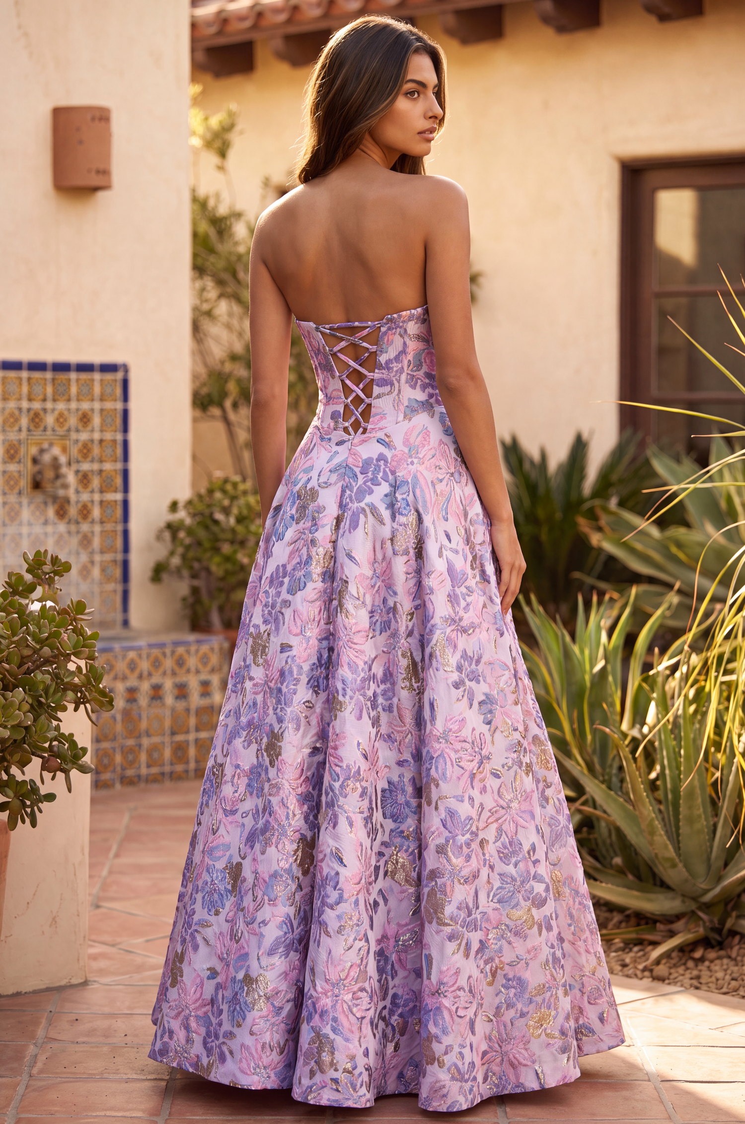 Prom Dresses Long Strapless Corset Floral Jacquard Ball Gown Lilac