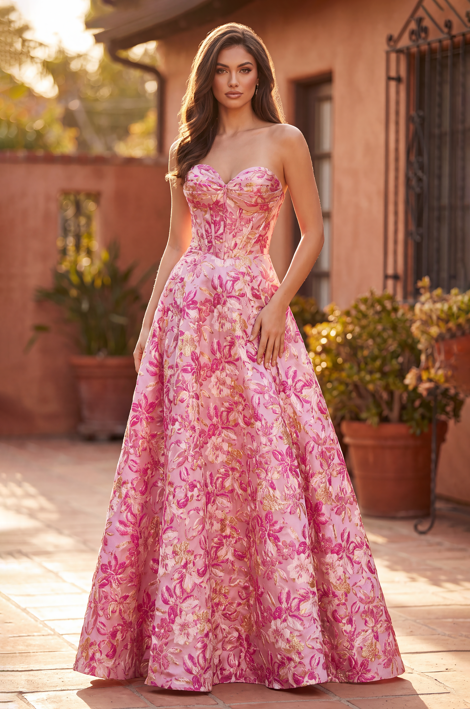 Long Strapless Corset Floral Jacquard Ball Gown – The Dress Outlet