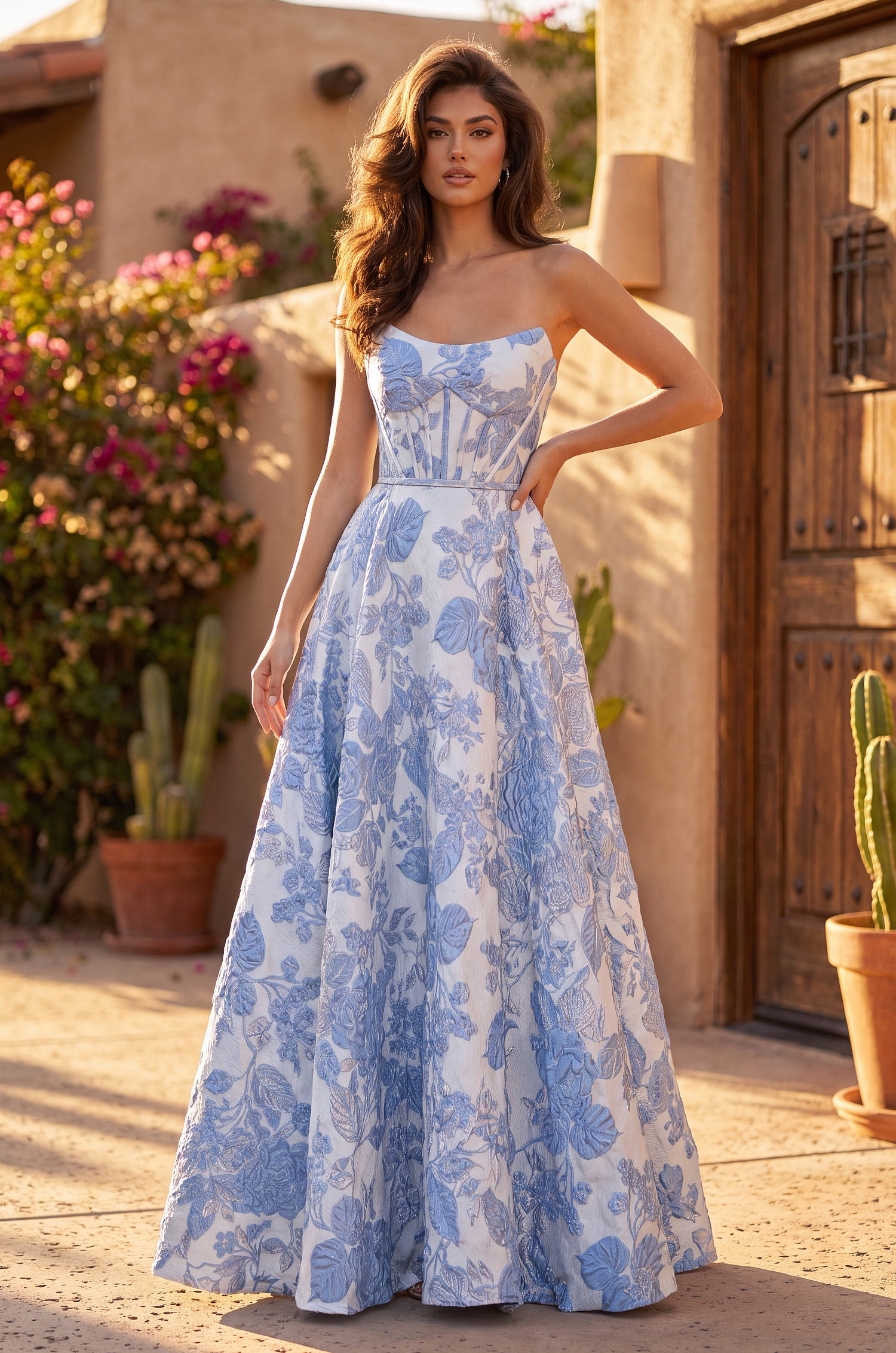 Long Floral Jacquard Prom Dress Strapless Ball Gown
