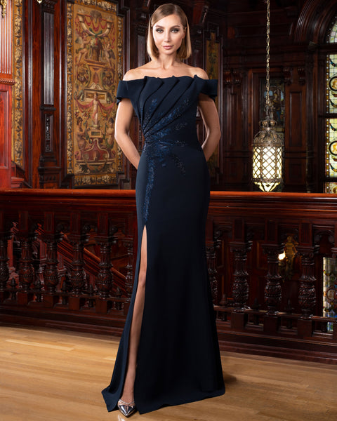 Alexander by Daymor 1586 Long Slit Formal Pleated Evening Dress
