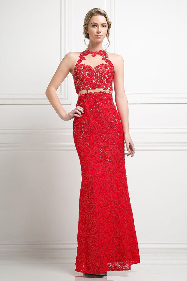 LaDivine 1586 Lace Formal Long Beaded Prom Dress