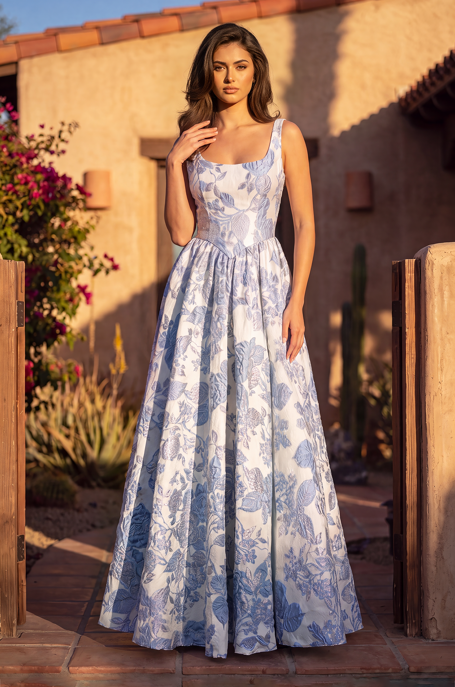 Long Floral Jacquard A Line Prom Dress