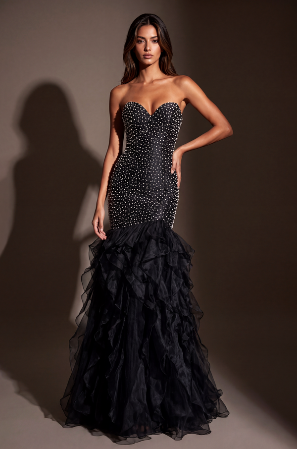 Formal Pearl Beaded Tiered Mermaid Evening Dress