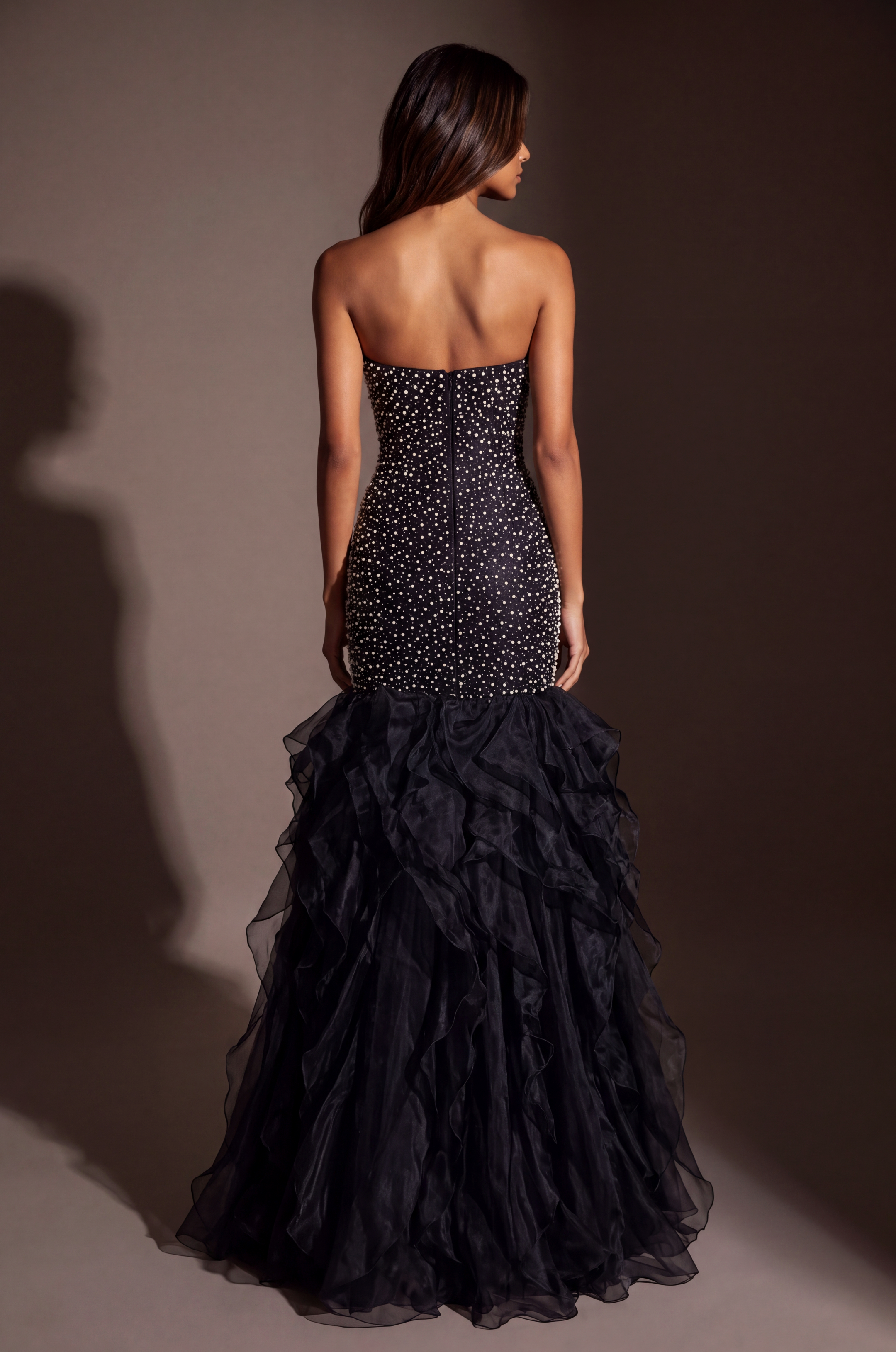 Formal Pearl Beaded Tiered Mermaid Evening Dress