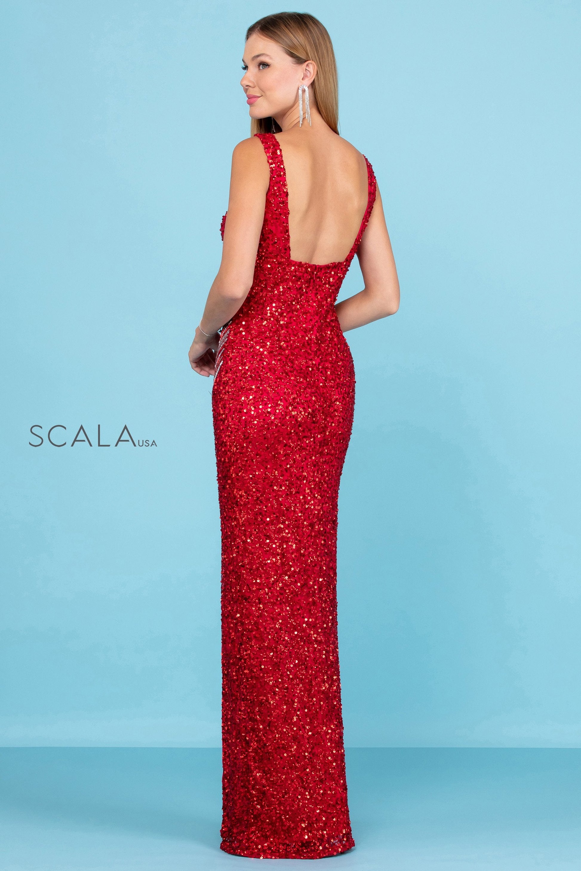 Scala 60259 Long Fitted Slit Formal Beaded Fringe Prom Dress