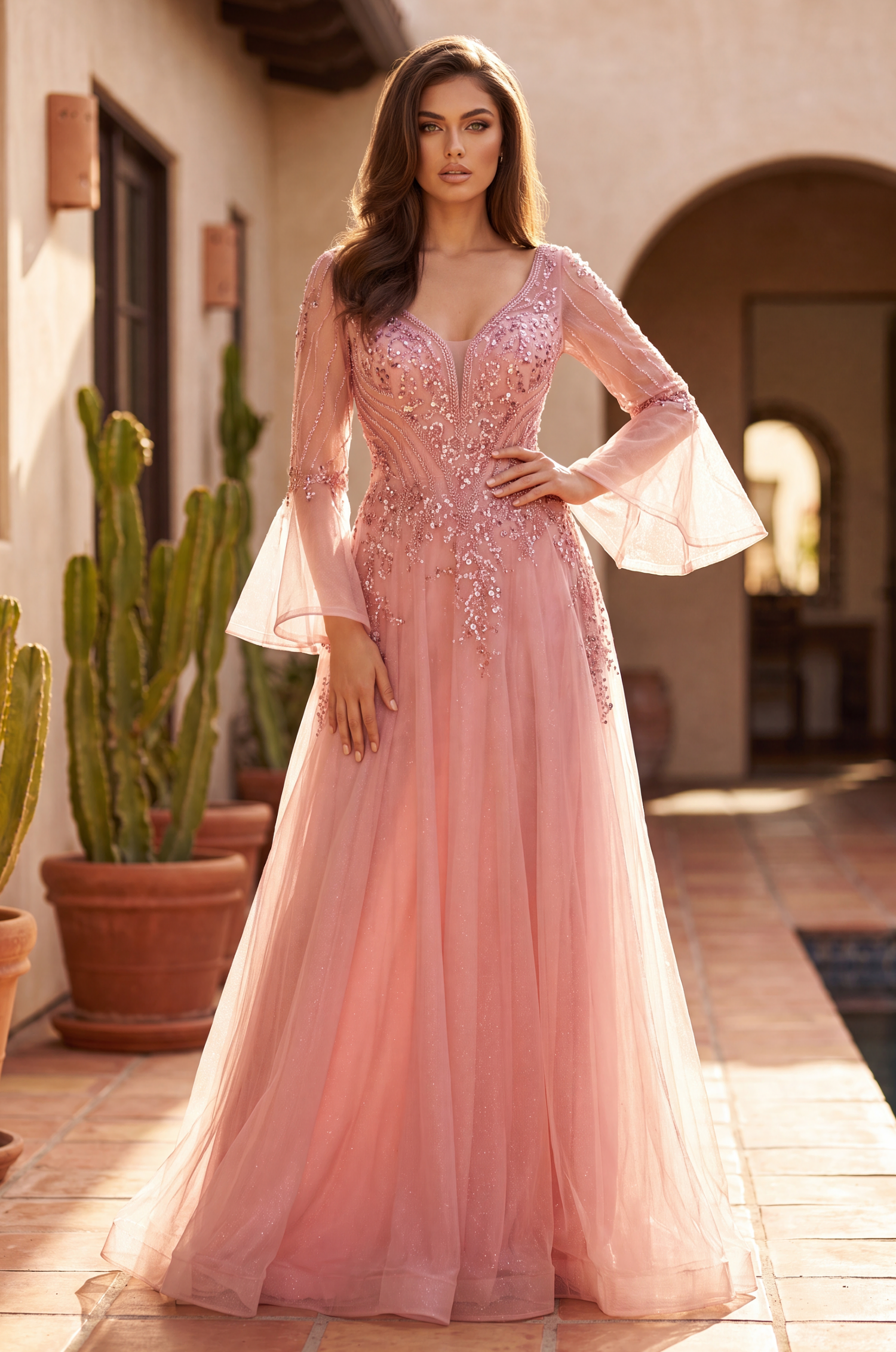 Long Bell Sleeve Mother of the Bride Lace Gown