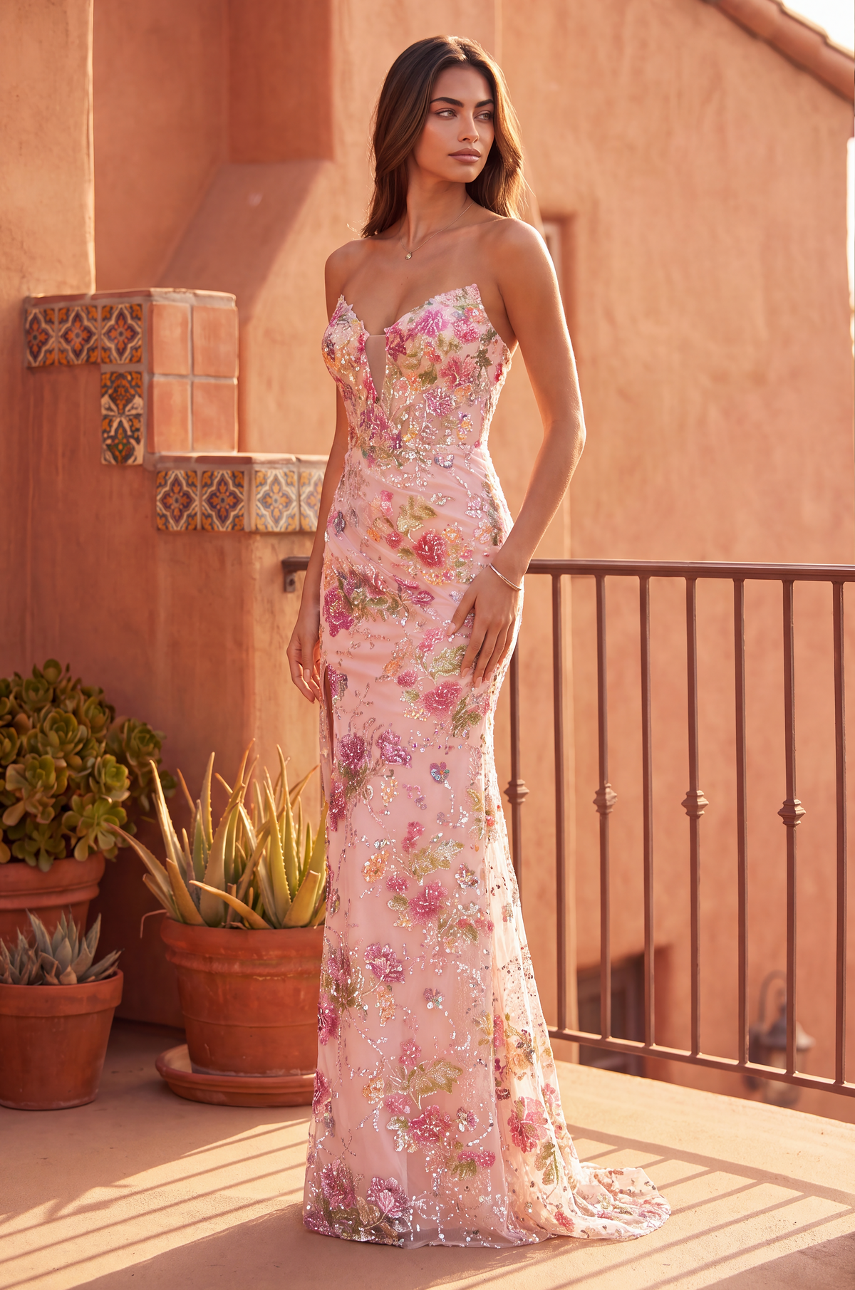 Long Formal Sequin Floral Corset Prom Dress