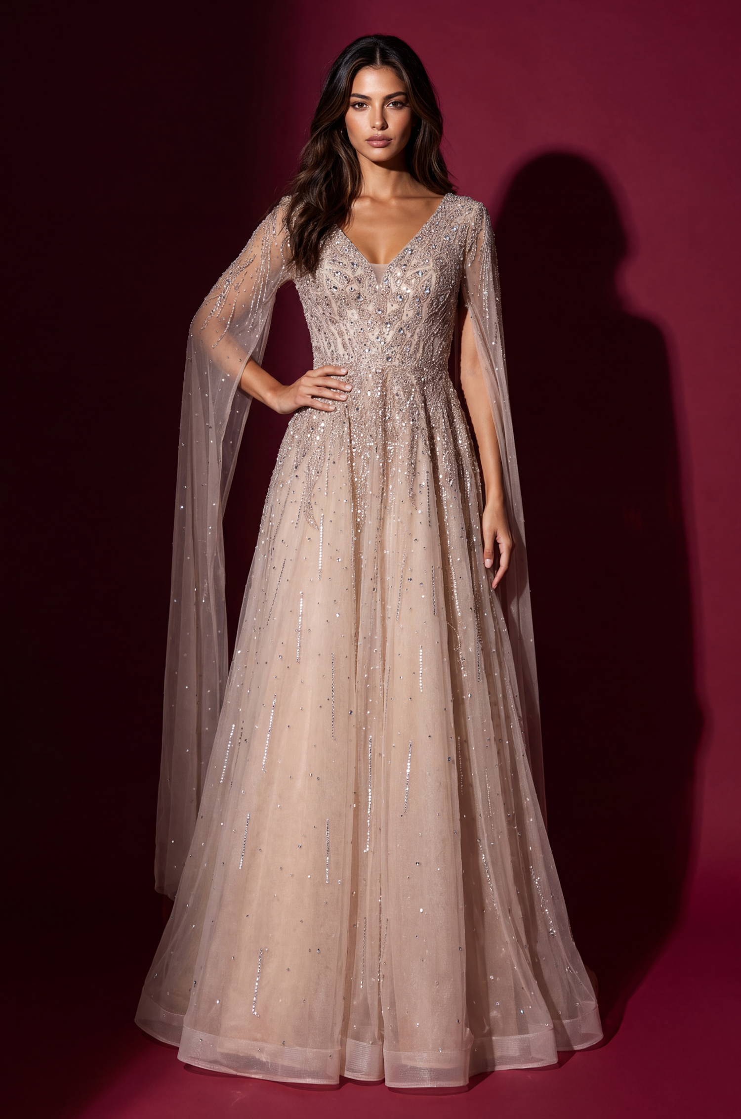 Formal Fully Beaded Cape Sleeve Couture Evening Gown