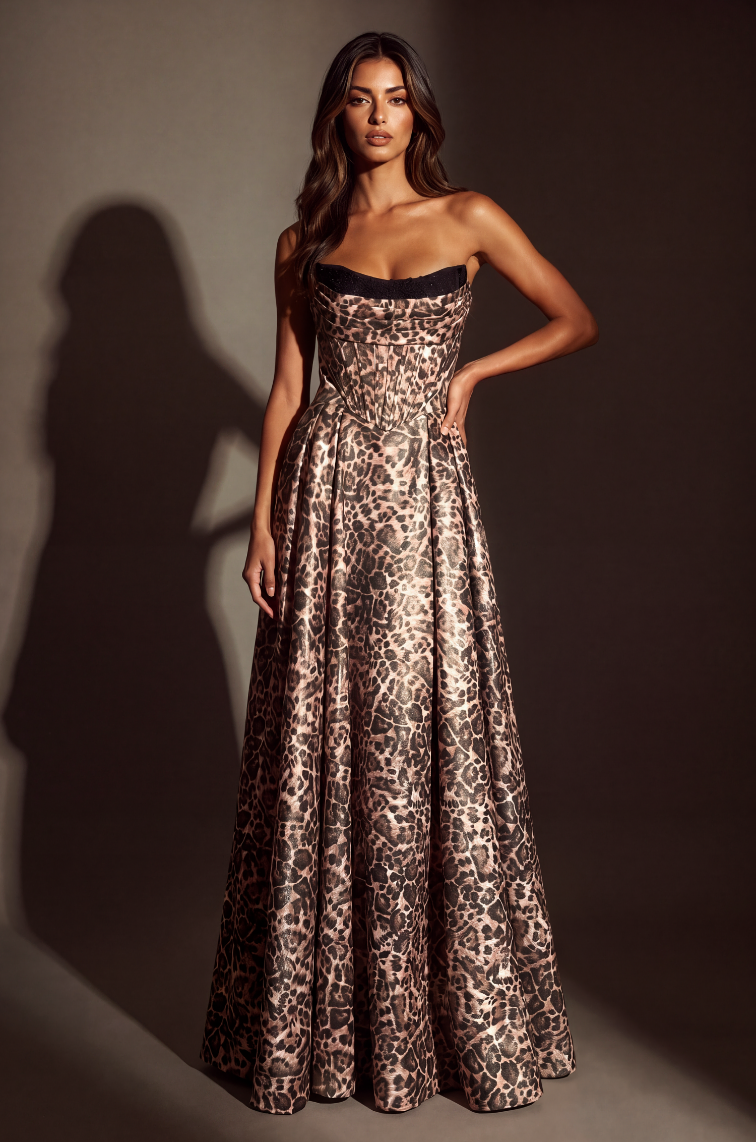 A Line Animal Print Full Length Gown with Adjustable Corset Top 