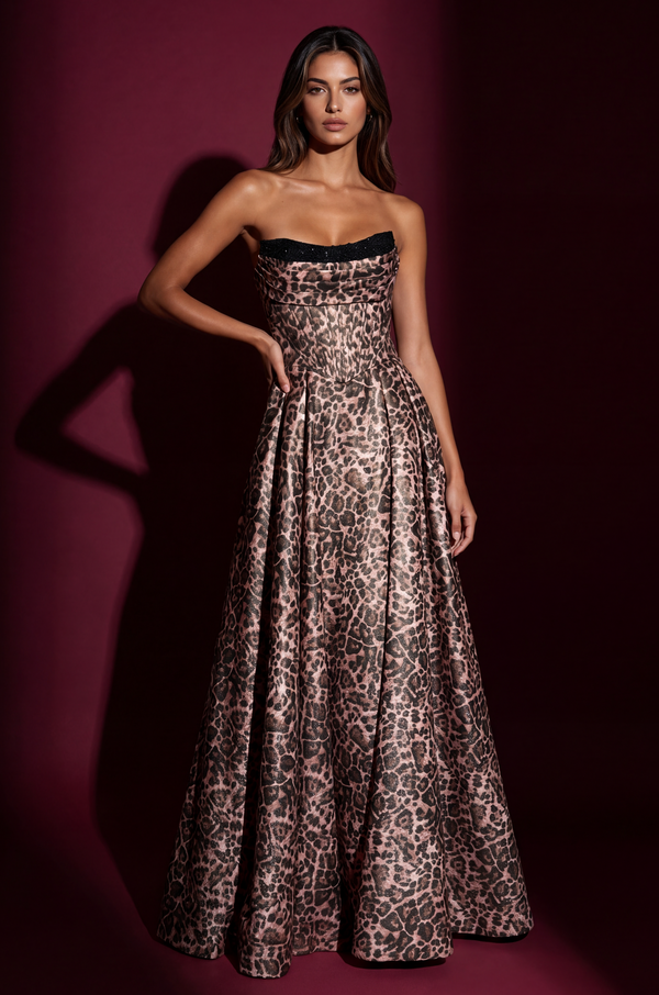 A Line Animal Print Full Length Gown with Adjustable Corset Top