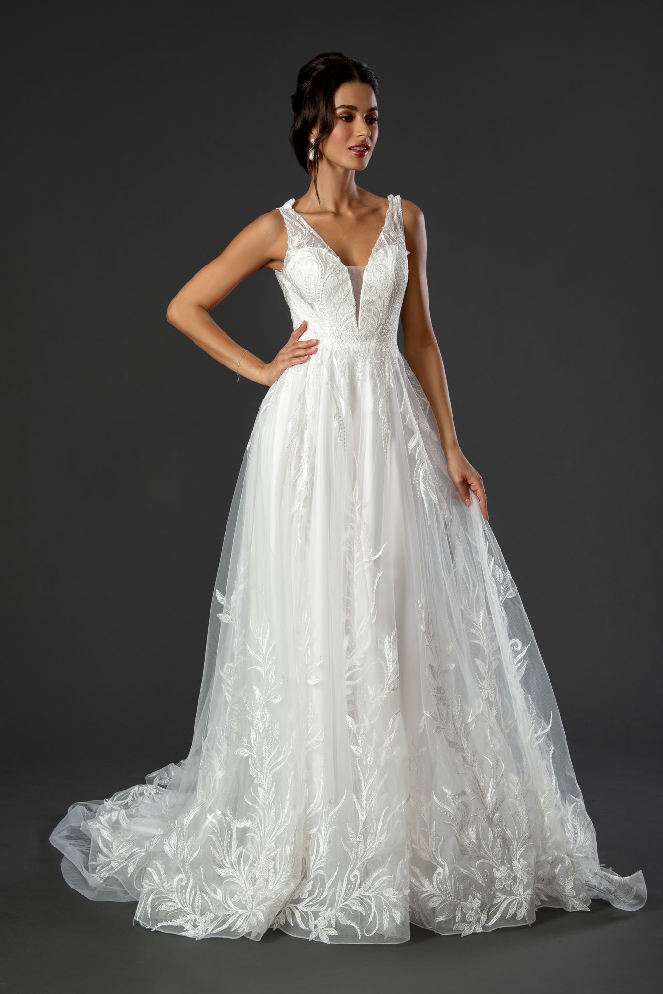 Long Beaded A Line Bridal Gown
