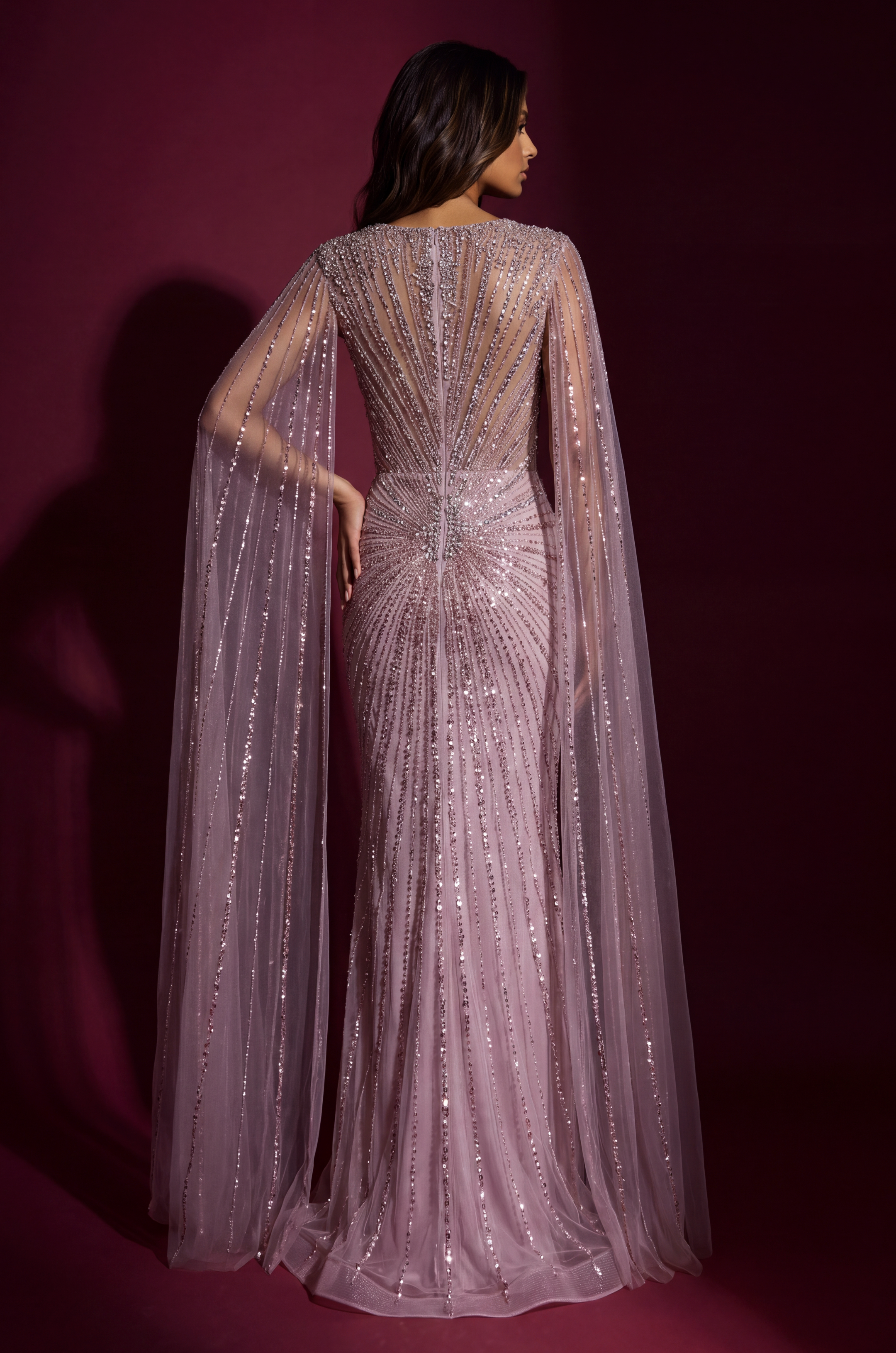 Formal Dress Beaded Cape Evening Gown