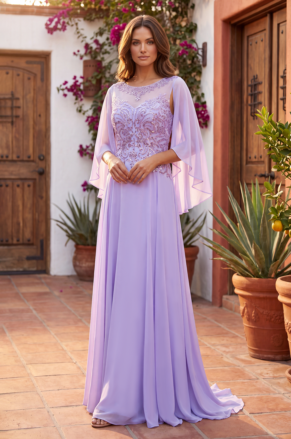 Mother of the Bride Dresses Long Mother of the Bride Cape Sleeve Dress Lilac