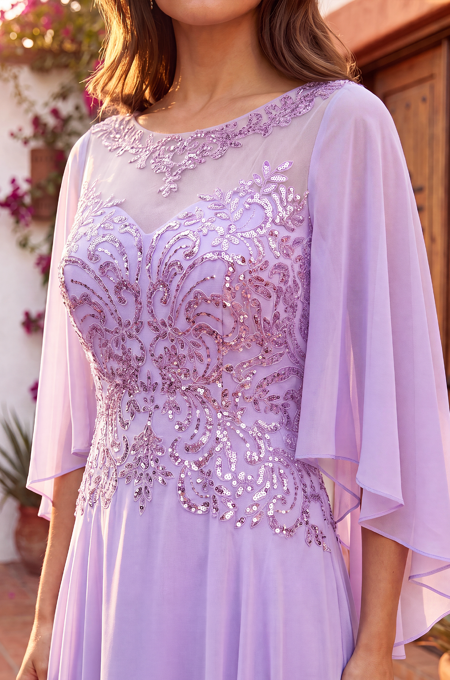 Long Mother of the Bride Cape Sleeve Dress Lilac