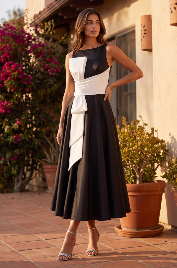 Formal A Line Satin Cocktail Midi Dress