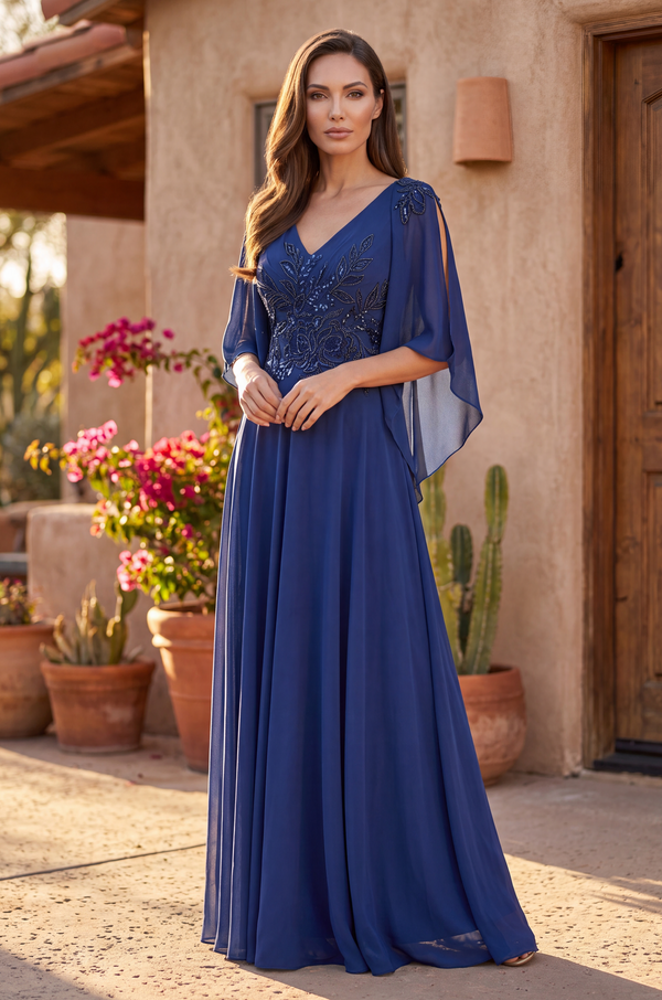 Long Formal Split Cape Sleeve Evening Dress