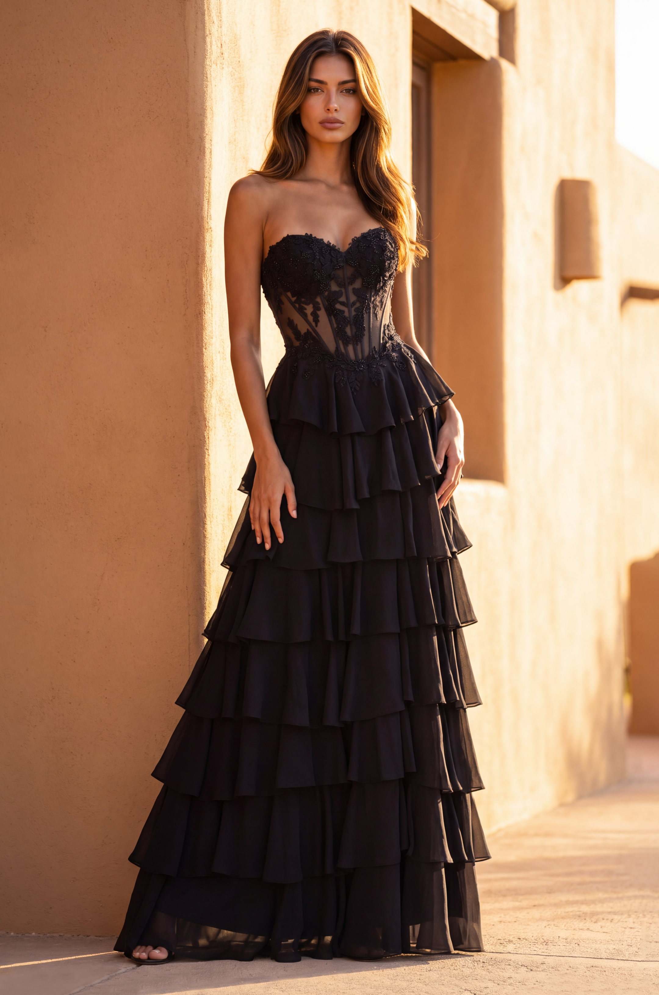 Formal Lace Corset Tiered Ruffle Evening Gown