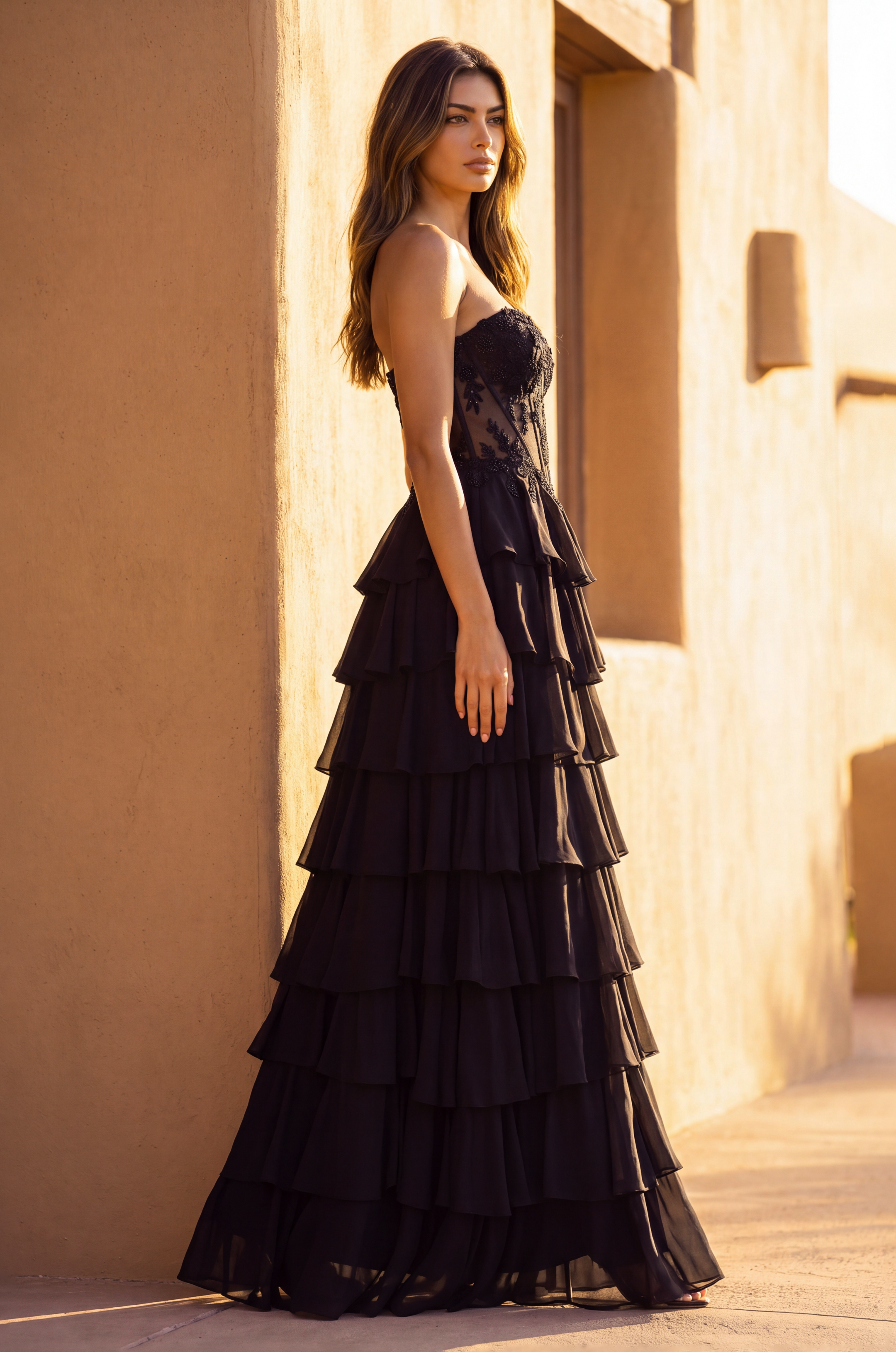 Formal Lace Corset Tiered Ruffle Evening Gown