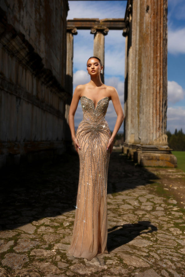 Strapless Curved Neck Floor-Length Sequin Prom Mermaid Gown