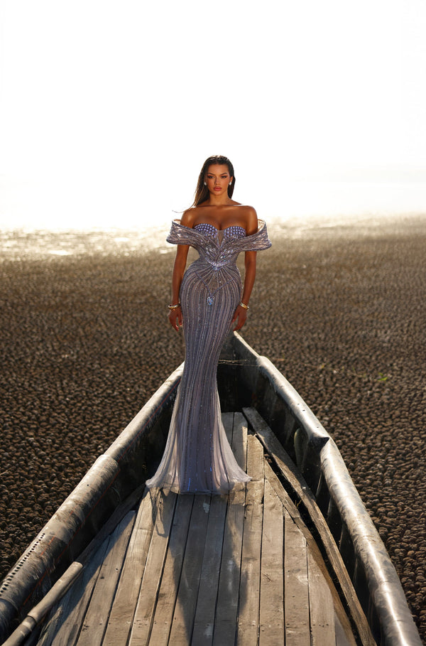Off-the-Shoulder Floor-Length Tulle Prom Mermaid Trumpet Gown