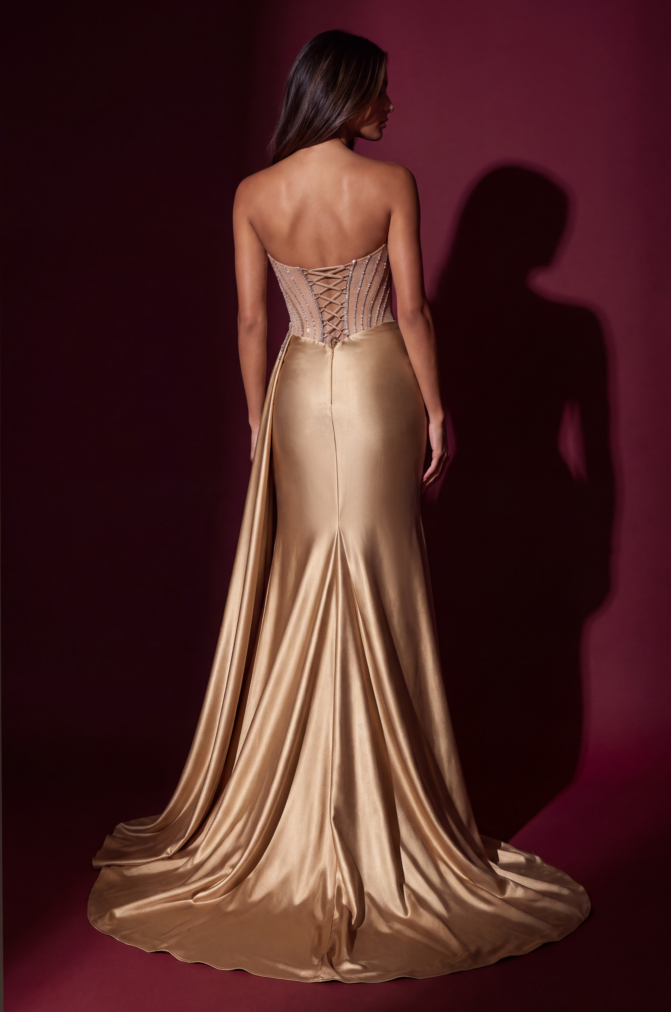 Long Strapless Corset Beaded Satin Prom Dress