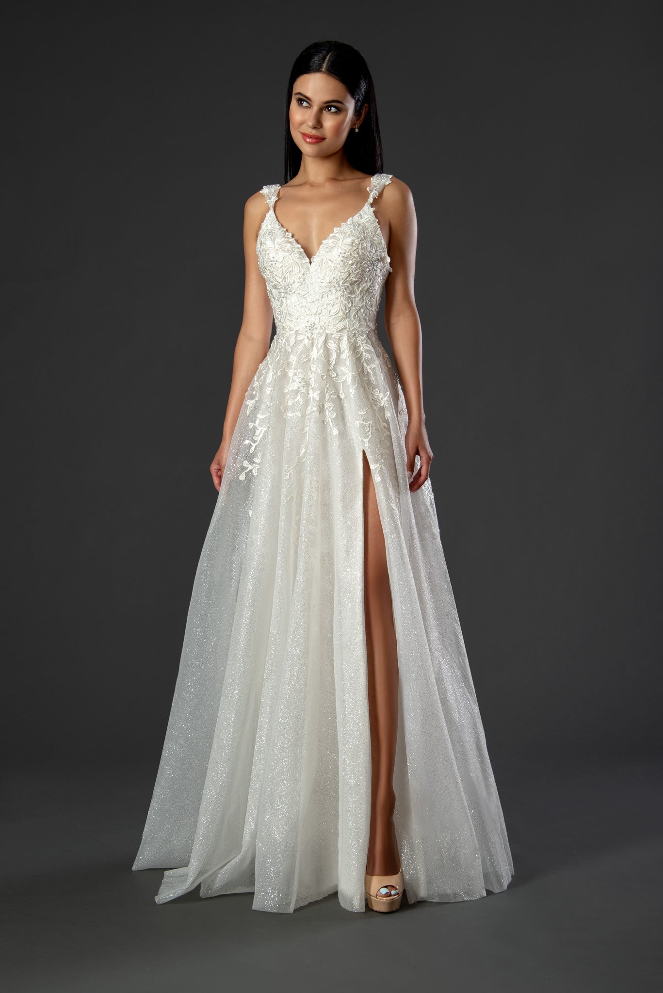 V-Neck Floor-Length Lace Wedding Dress A-Line The Dress Outlet A3WE