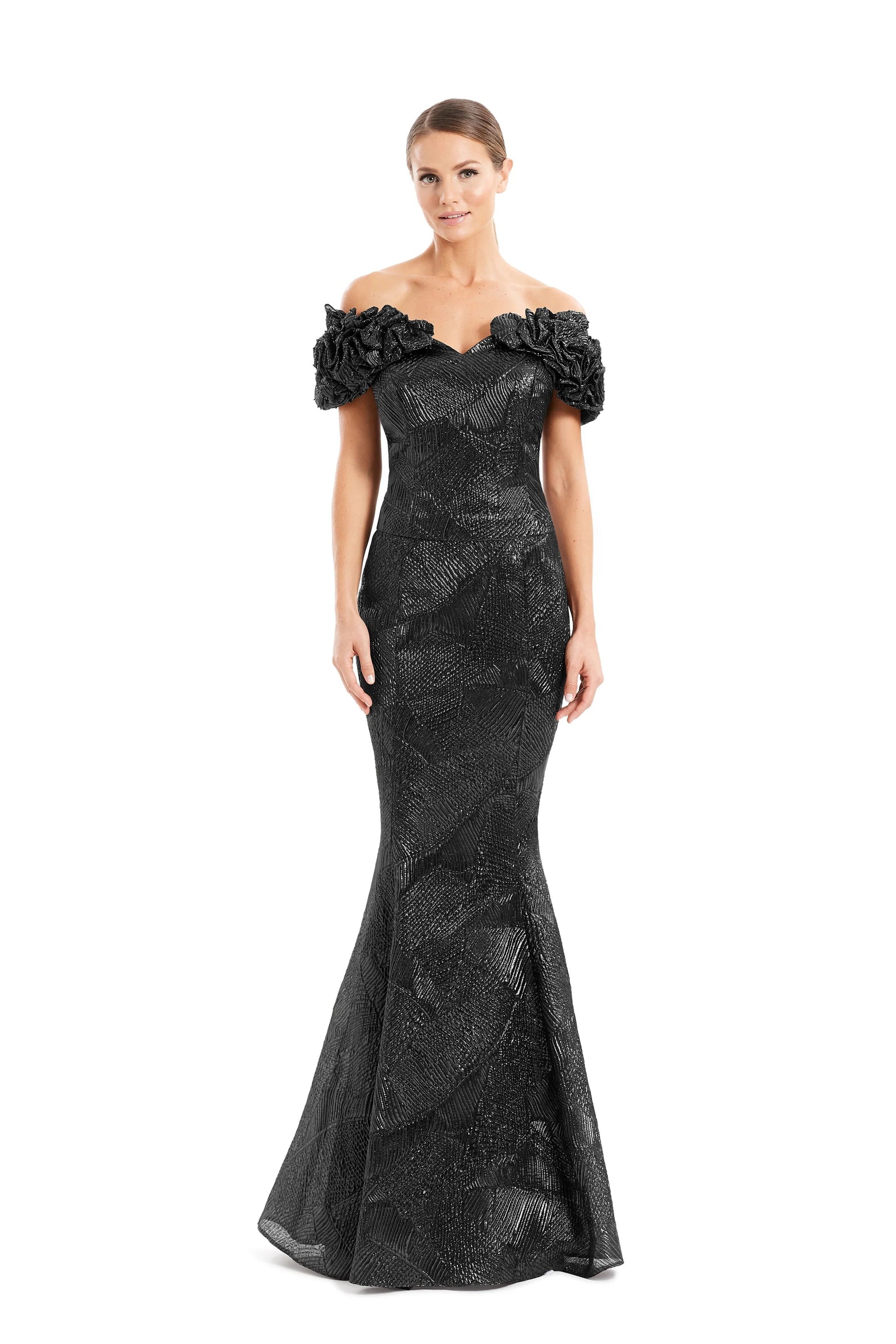 Alexander By Daymor 1650F22 Long Metallic Formal Ruffle Evening Dress