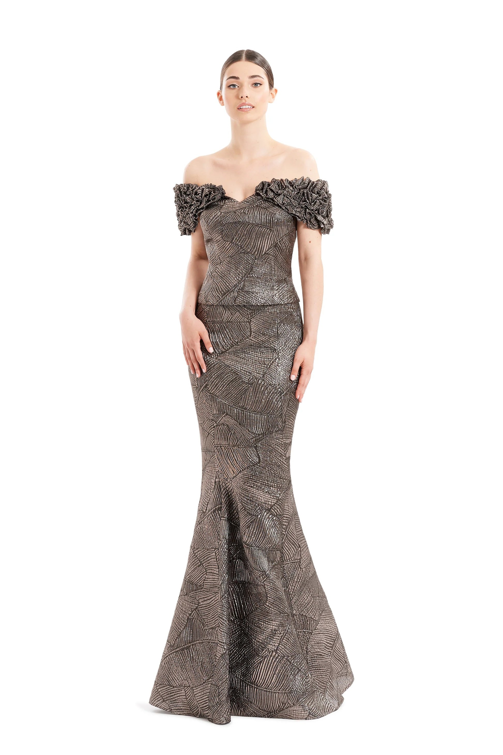 Alexander By Daymor 1650F22 Long Metallic Formal Ruffle Evening Dress