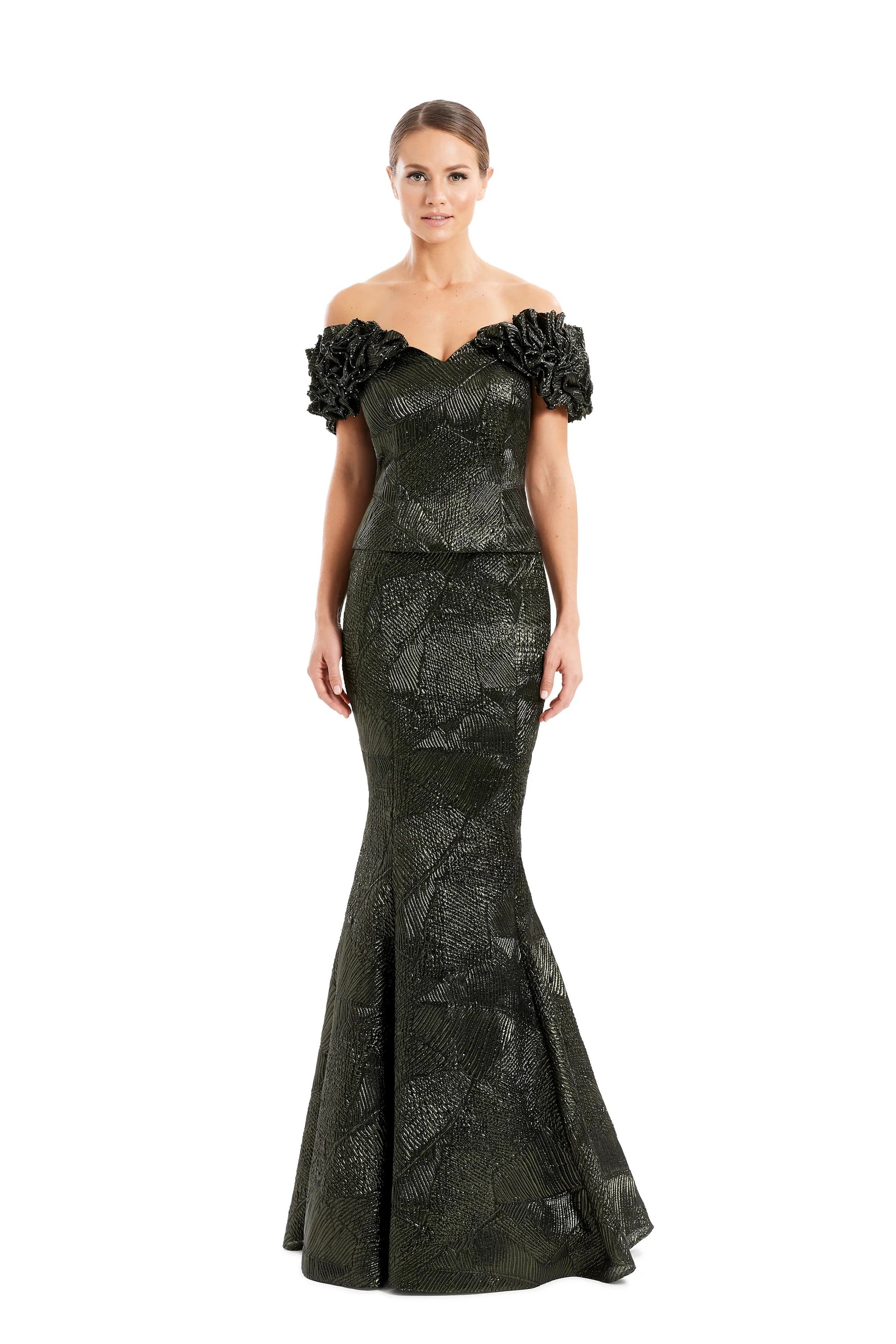 Alexander By Daymor 1650F22 Long Metallic Formal Ruffle Evening Dress