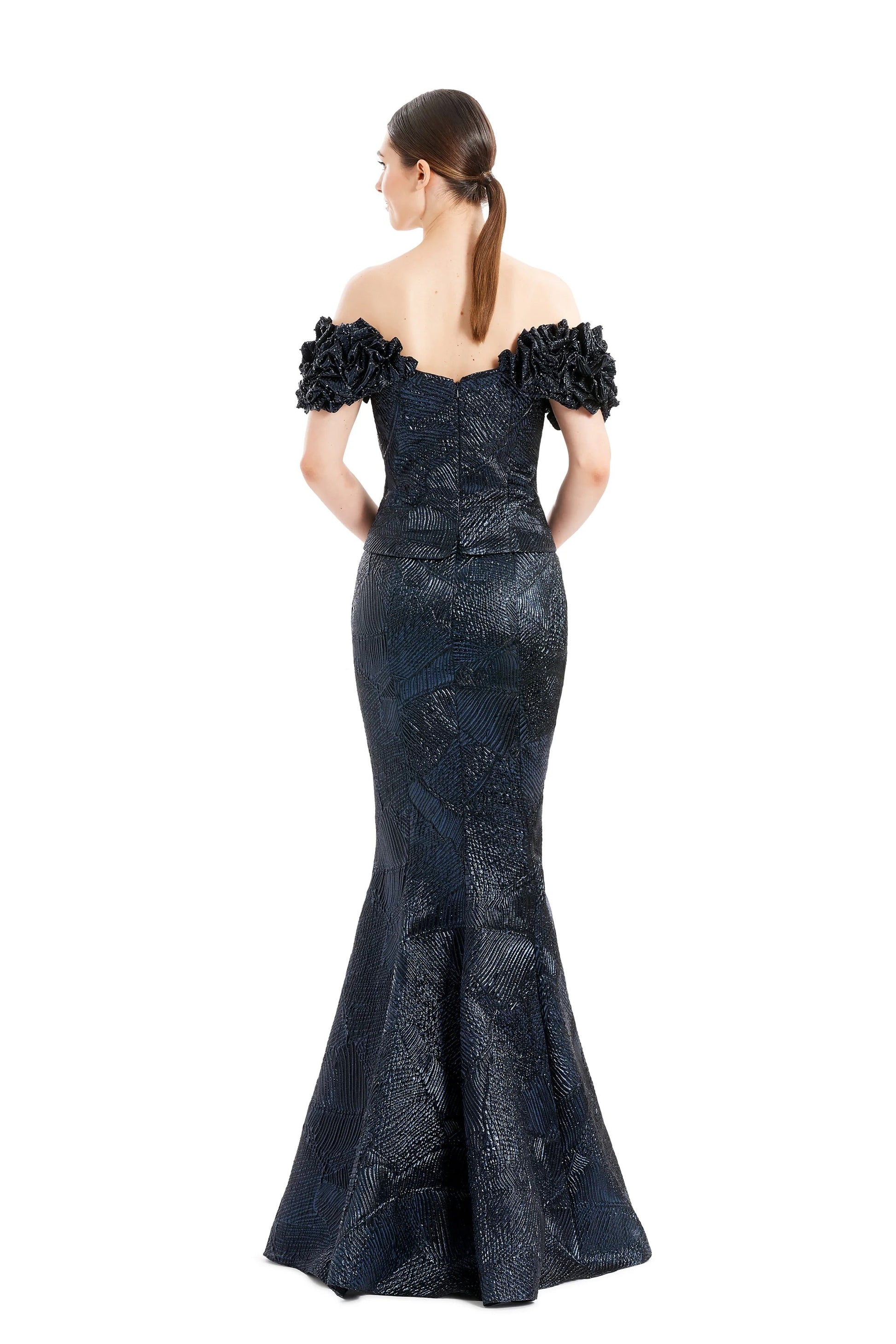 Alexander By Daymor 1650F22 Long Metallic Formal Ruffle Evening Dress