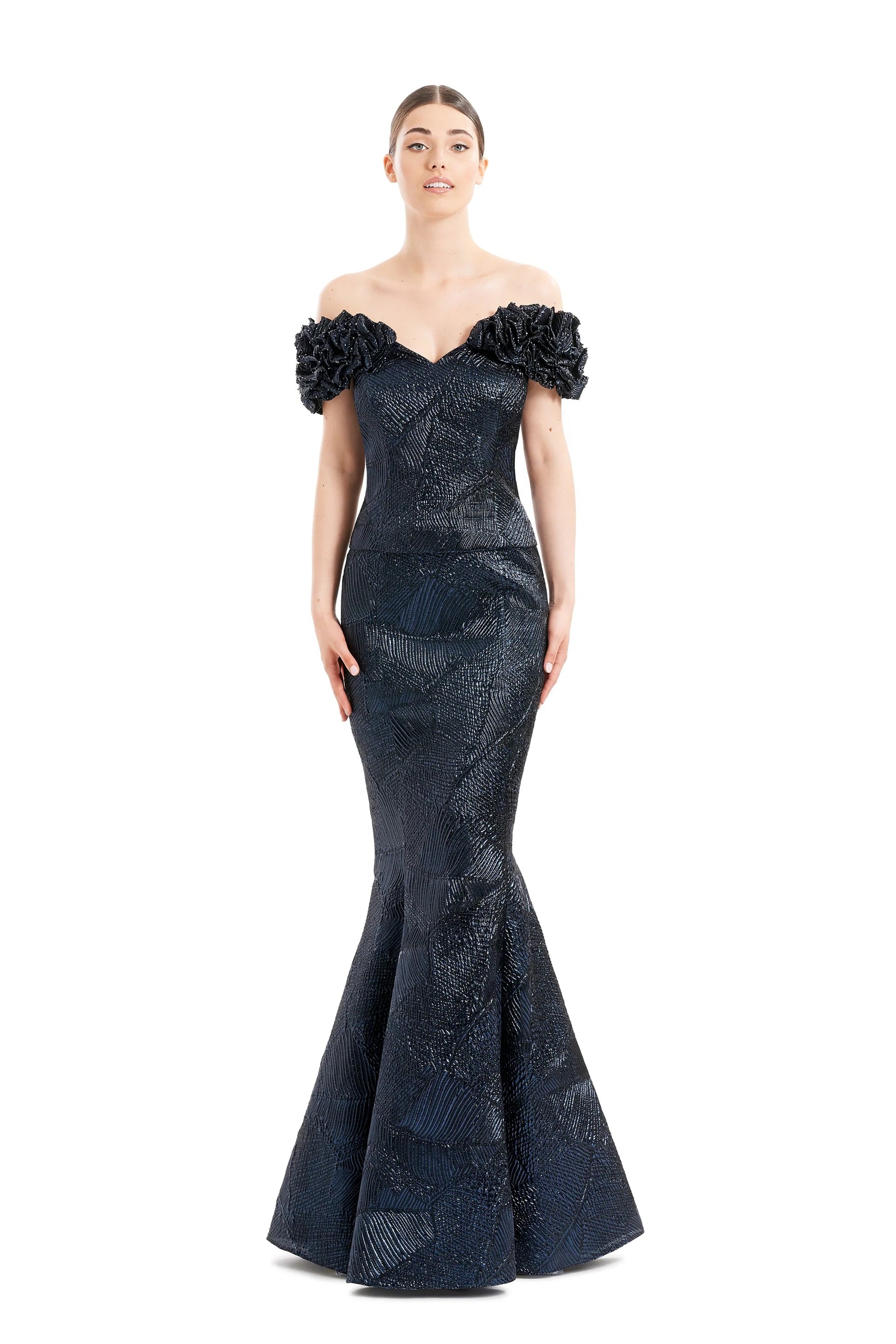 Alexander By Daymor 1650F22 Long Metallic Formal Ruffle Evening Dress