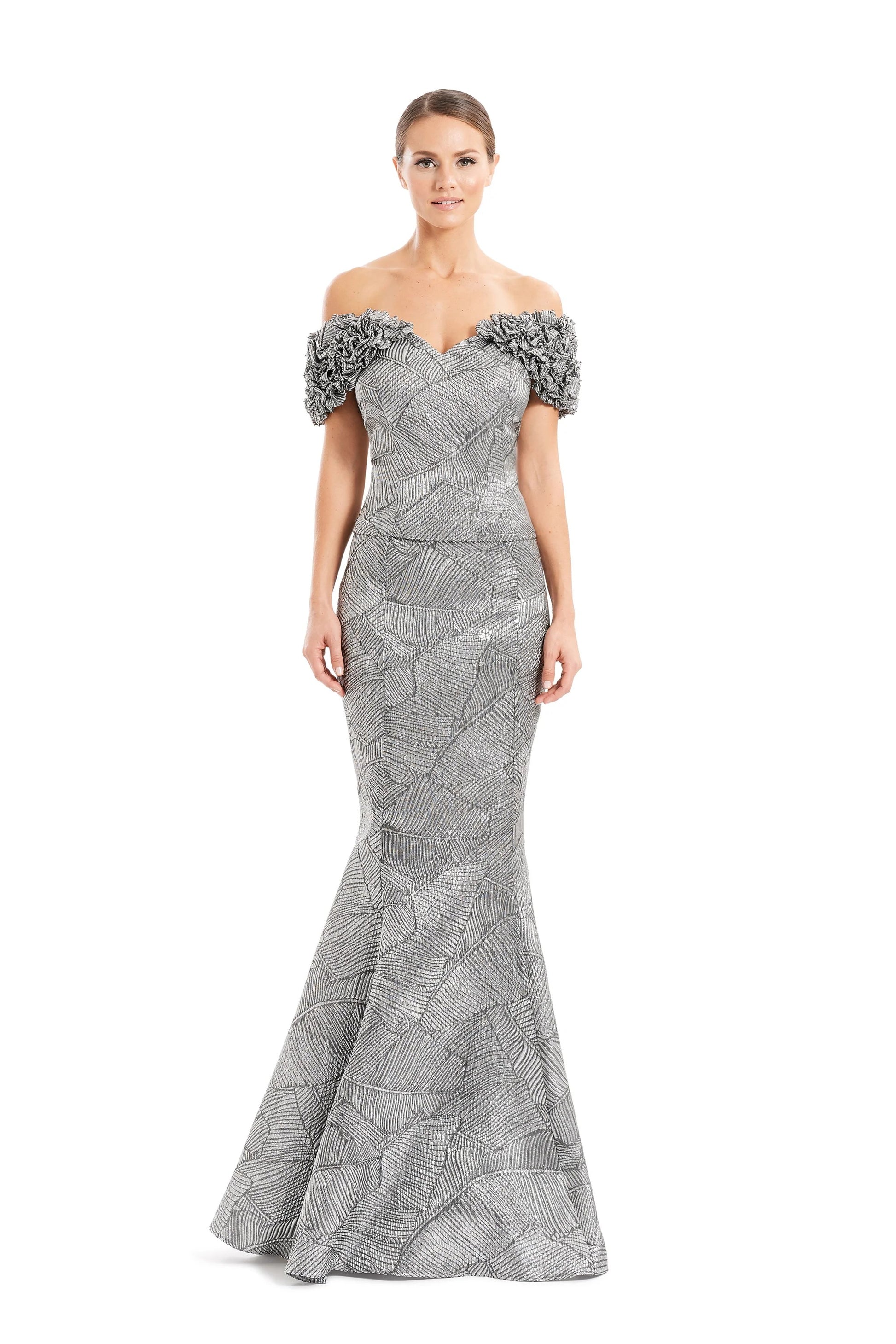 Alexander By Daymor 1650F22 Long Metallic Formal Ruffle Evening Dress