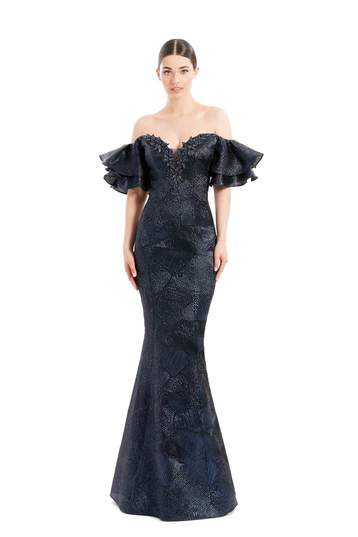 Formal Dresses Floral Beaded Long Formal Evening Dress Navy