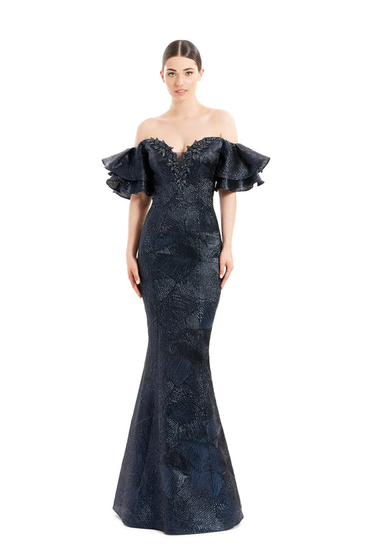 Formal Dresses Floral Beaded Long Formal Evening Dress Navy