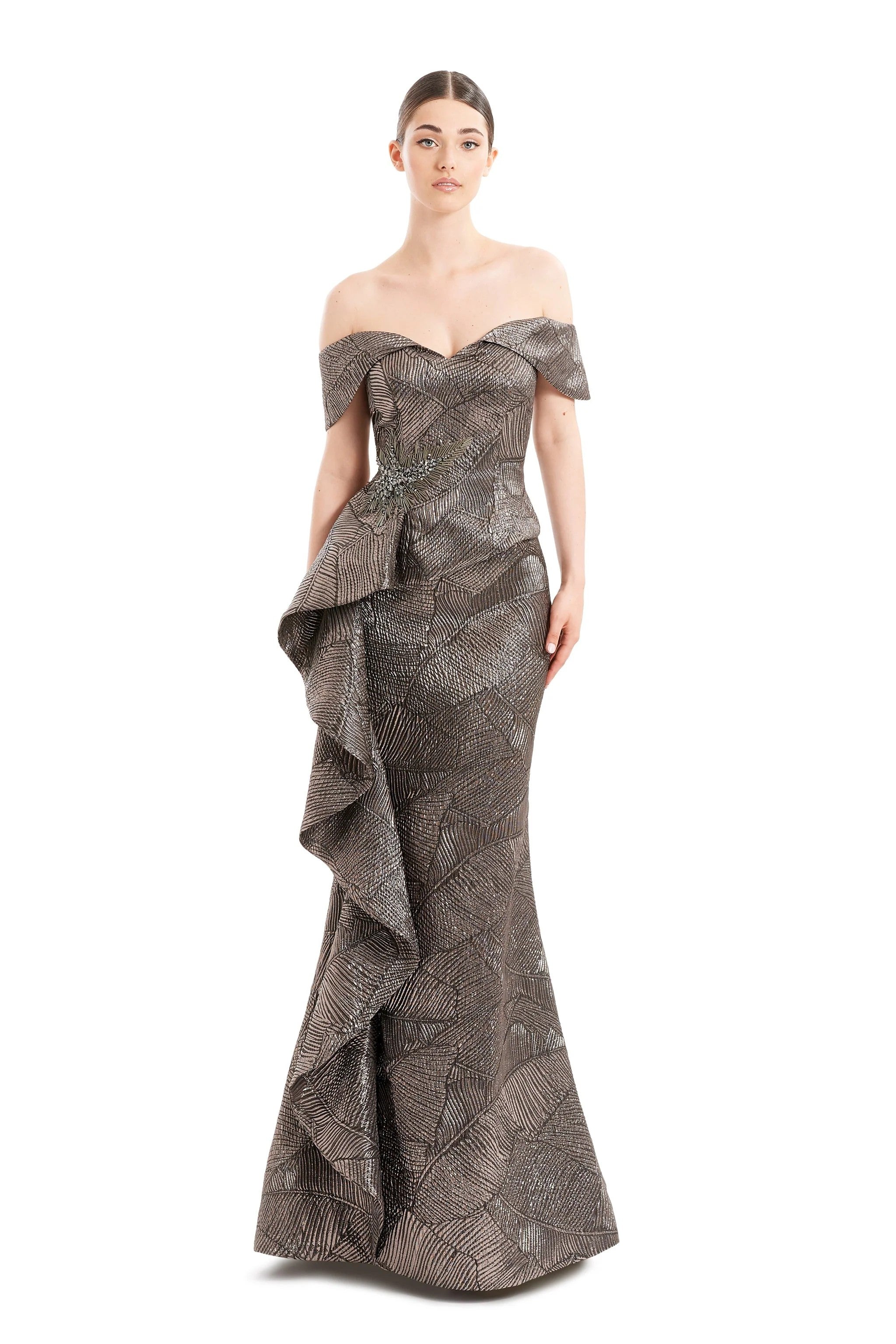 Formal Dresses Beaded Formal Long Ruffle Evening Dress Mocha