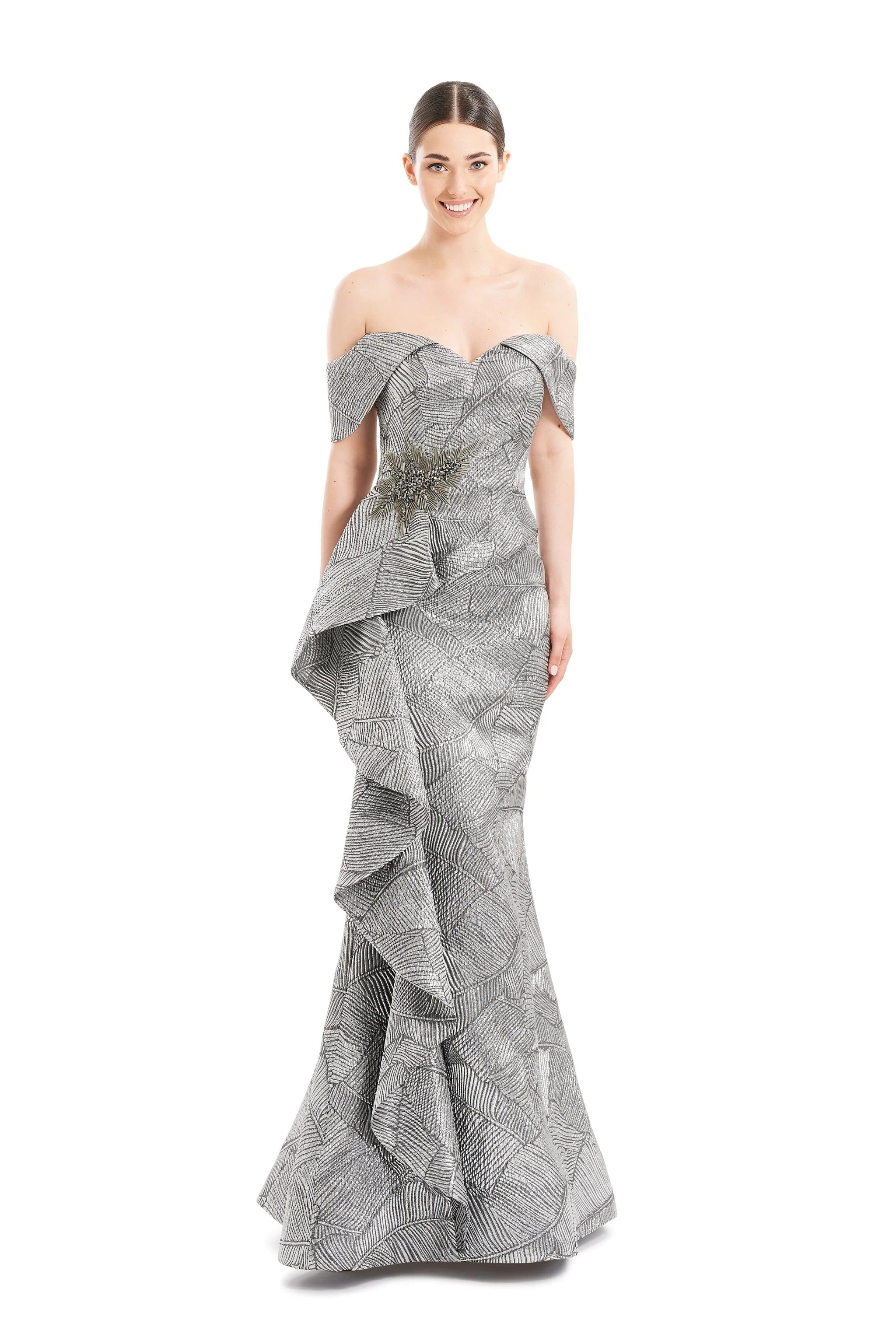 Formal Dresses Beaded Formal Long Ruffle Evening Dress Silver
