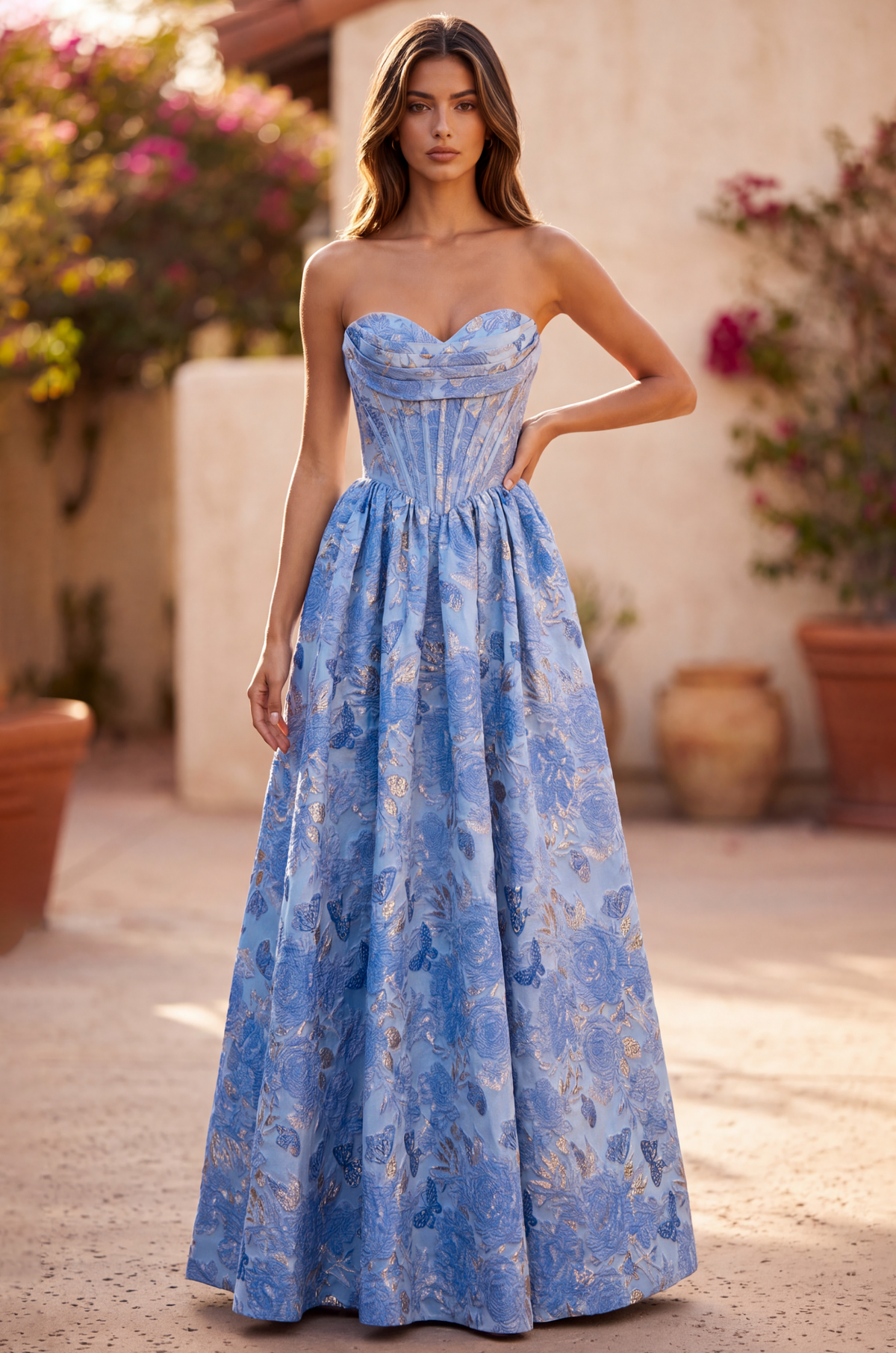 A Line Corset Jacquard Floral Dress with Metallic Accent 