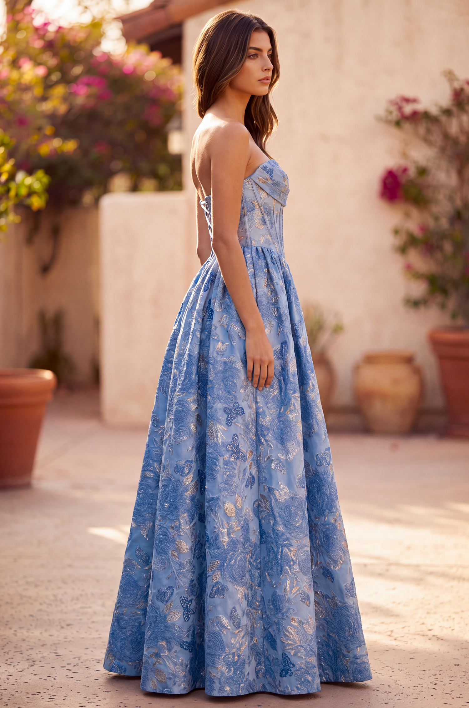 A Line Corset Jacquard Floral Dress with Metallic Accent 