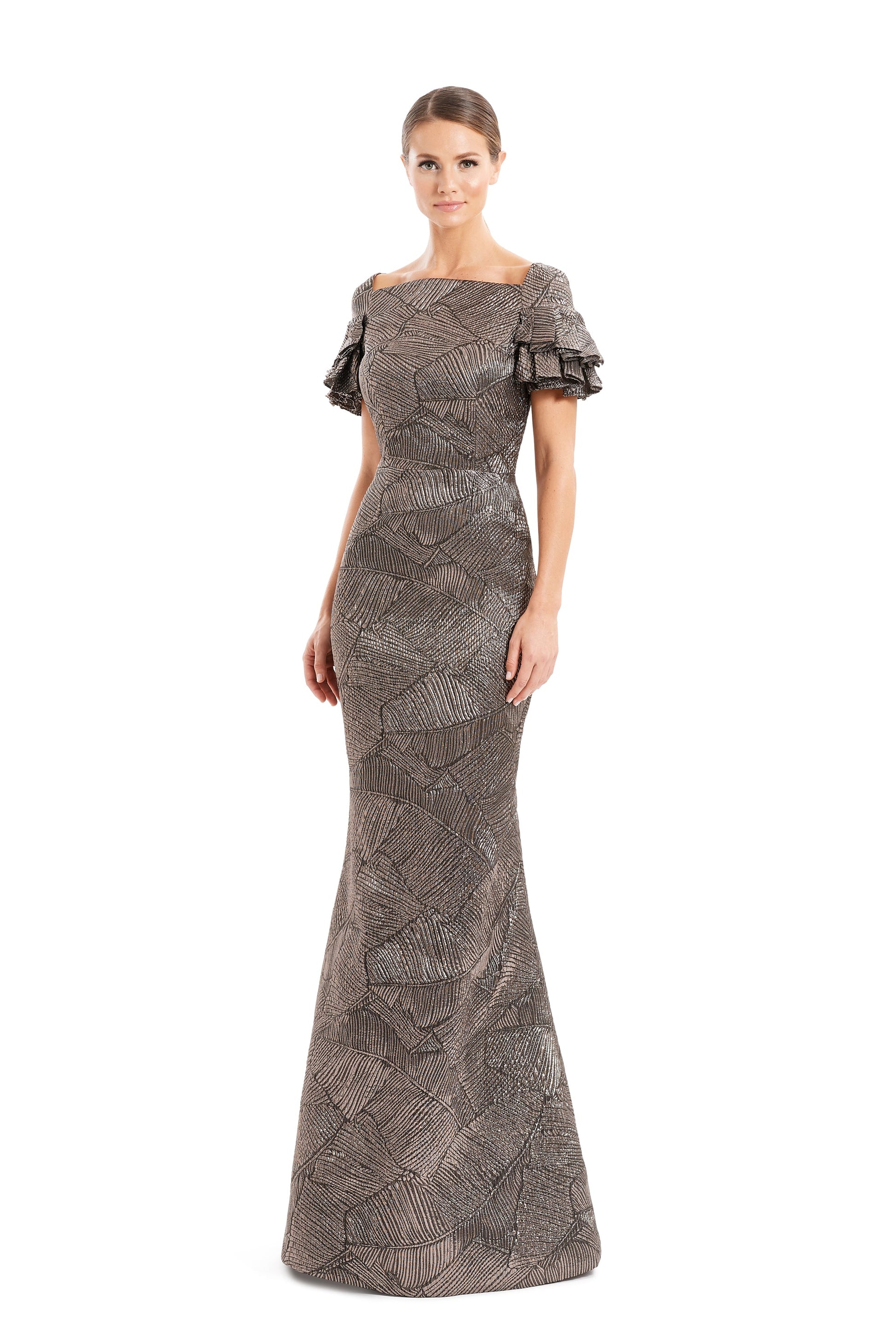 Alexander By Daymor 1655F22 Long Metallic Formal Pleated Evening Dress