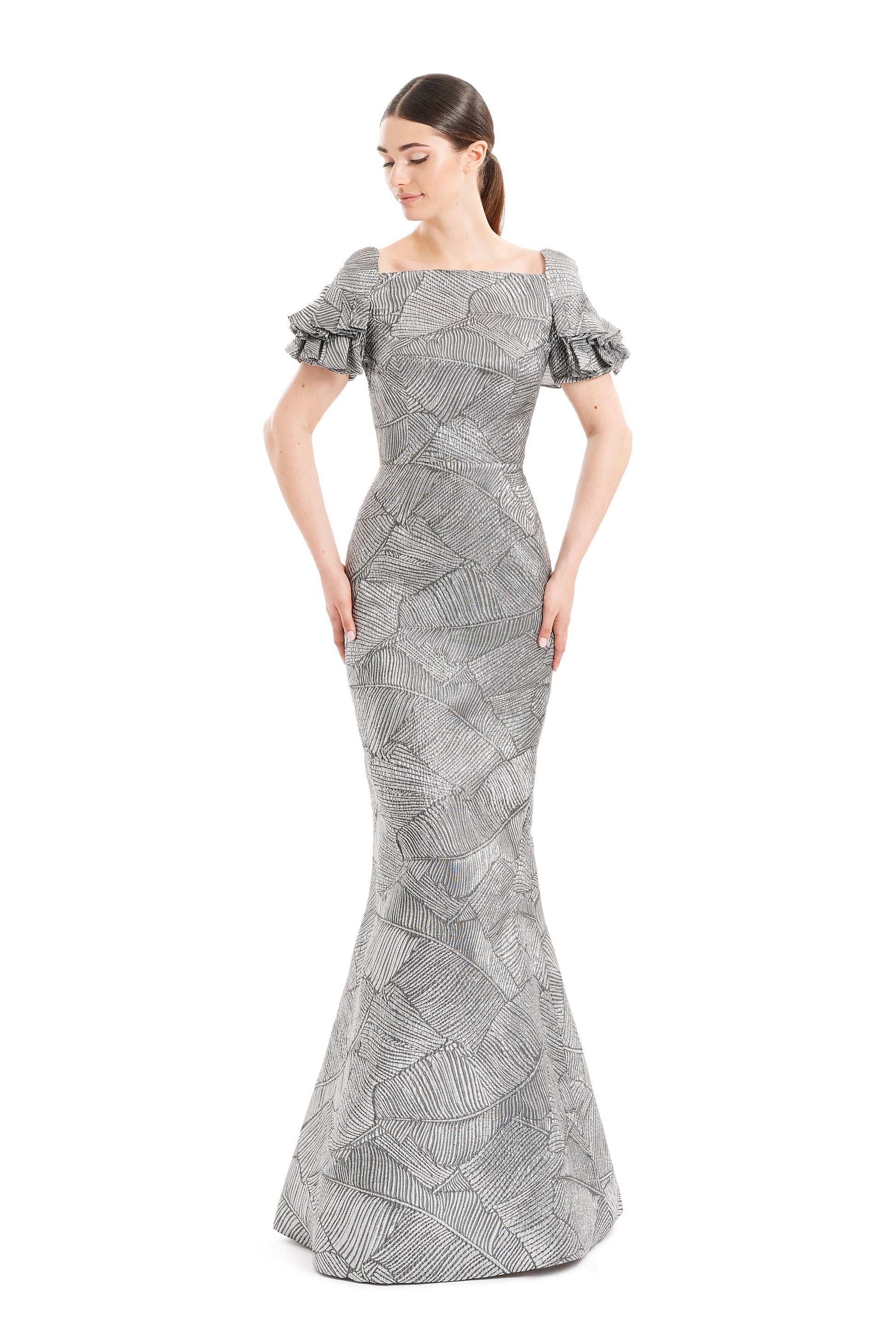 Alexander By Daymor 1655F22 Long Metallic Formal Pleated Evening Dress