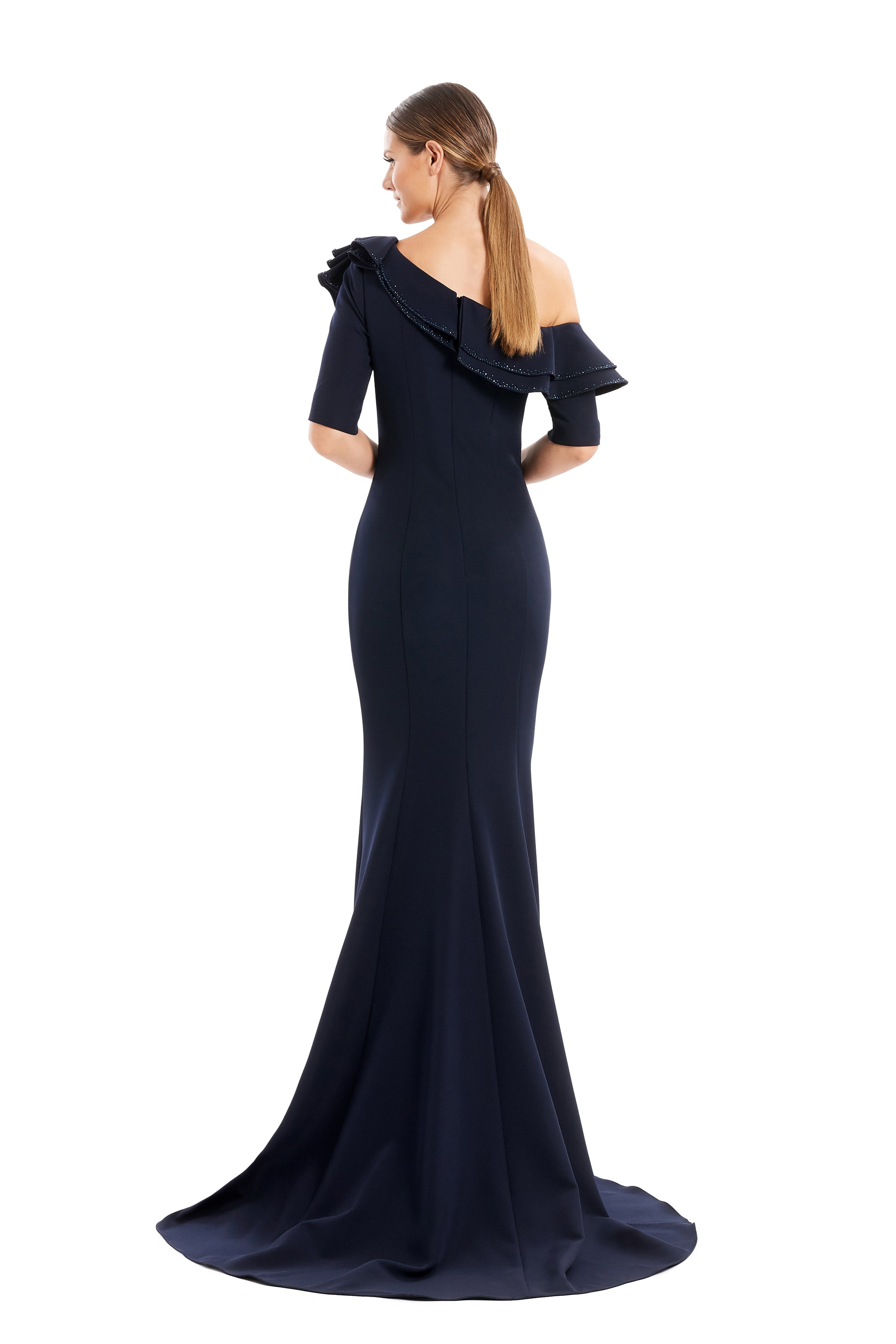 Formal Dresses Fitted Long Formal Pleated Ruffle Dress Navy