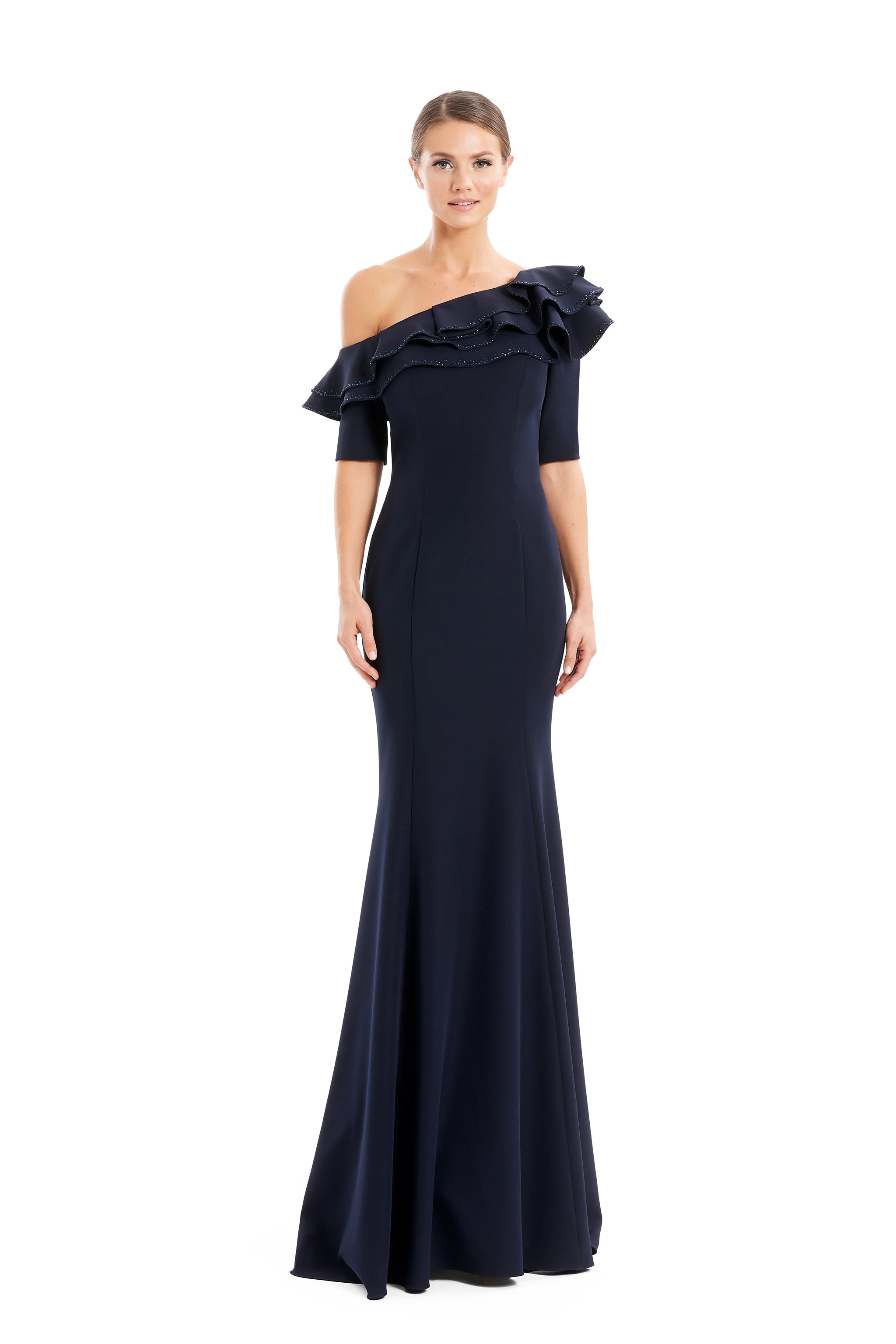 Formal Dresses Fitted Long Formal Pleated Ruffle Dress Navy